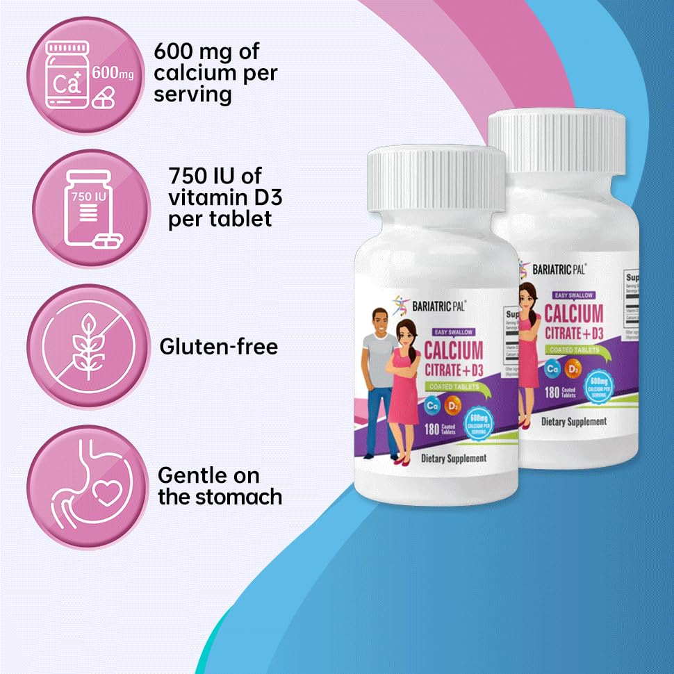 BariatricPal Easy Swallow Calcium Citrate 600mg with Vitamin D3 - 180 Coated Tablets (6 Month Supply) for Strong Bones & Joint Support - Ideal for Seniors, Post-Surgery Recovery & Weight Loss Patients
