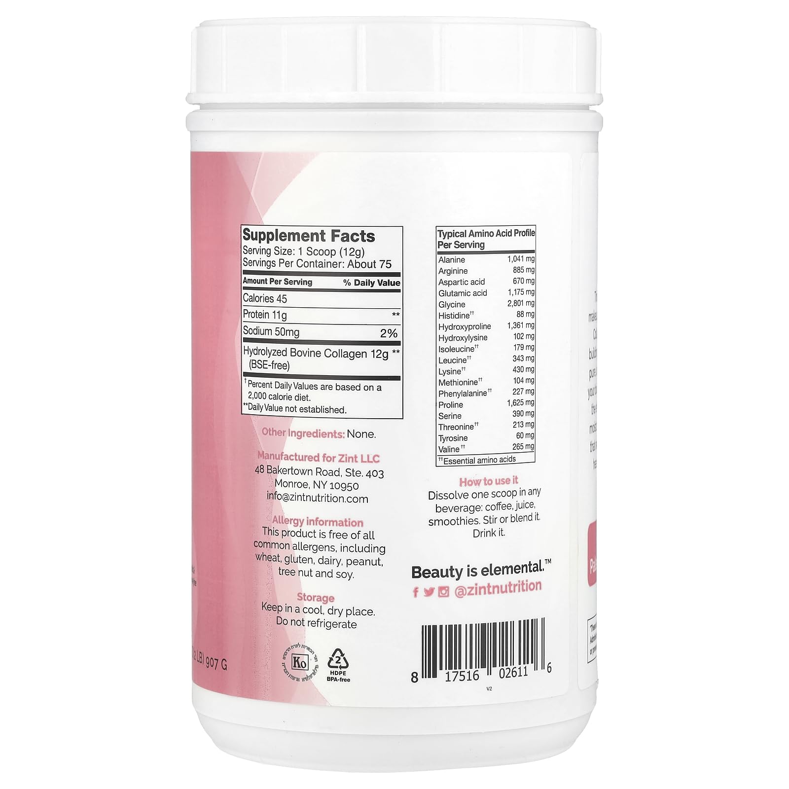 Zint Collagen Peptides Powder 32 oz - Hydrolyzed Collagen Protein Supplement for Anti-Aging, Skin, Hair & Nail Health - Unflavored Grass-Fed Collagen Powder for Smoothies, Coffee & Baking