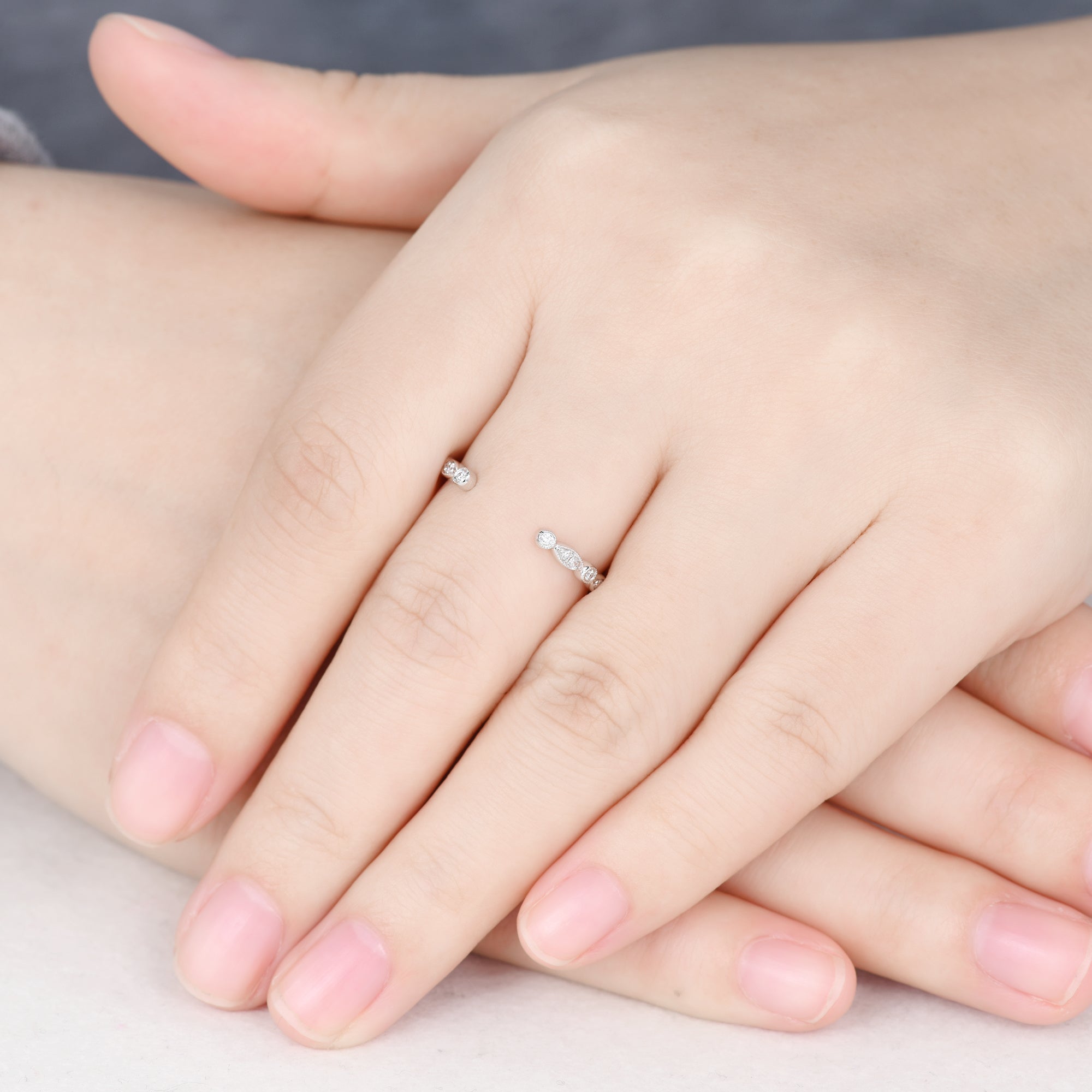 Art Deco Dainty Diamond Wedding Band - 14k & 18k White Gold Unique Open Cuff Bridal Ring - Perfect for Engagement, Anniversary & Special Occasion Gifts