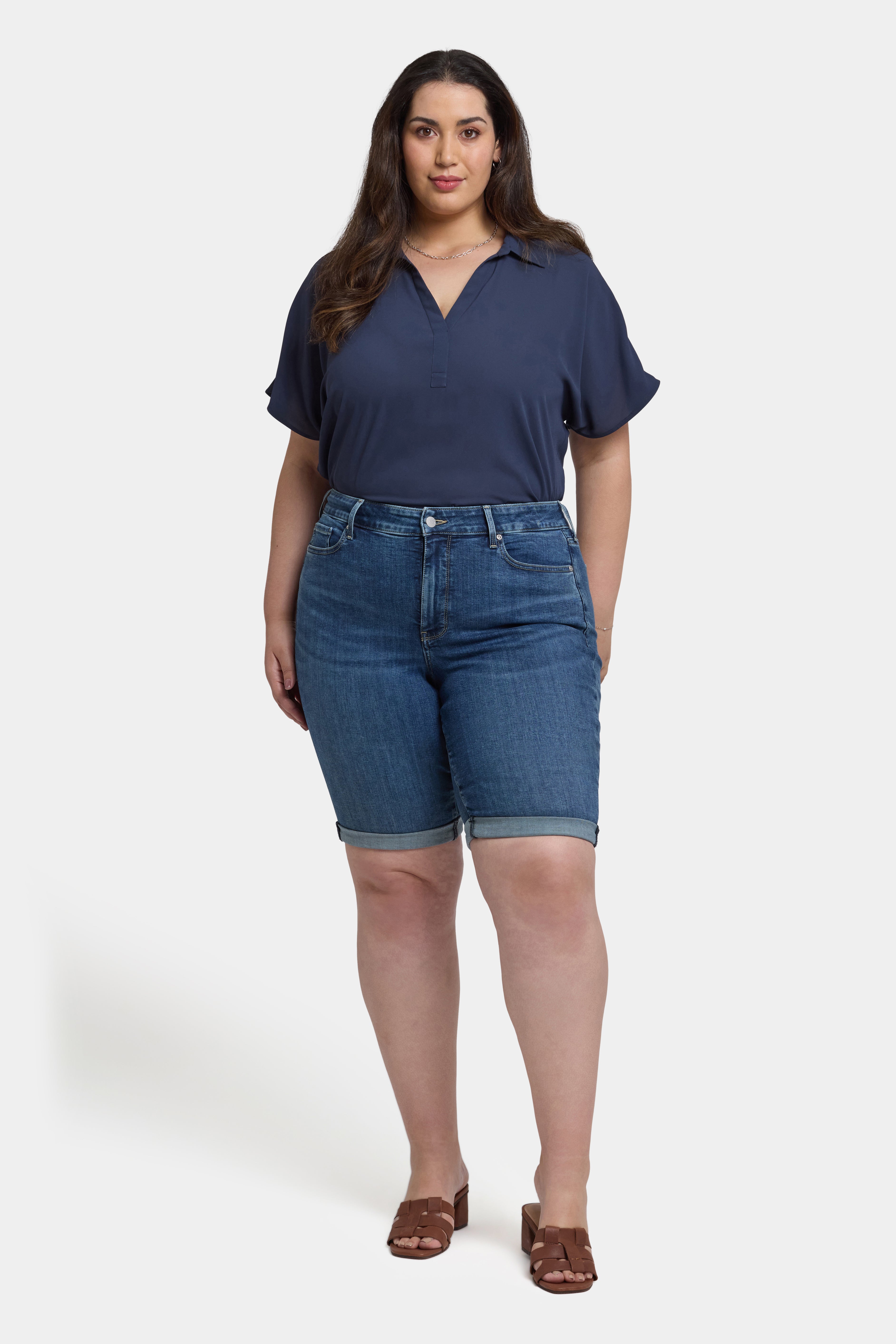 Briella 11 Inch Plus Size Denim Shorts for Women - High Waisted Stretch Comfort - Perfect for Surfing, Beach & Summer Outfits