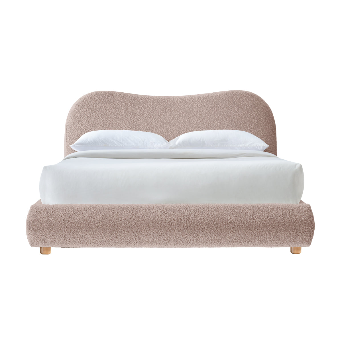Cloud Boucle Queen Bed Frame - Oak Finish with Dusty Rose Upholstery | Modern Platform Bed for Bedroom | Perfect for Master Bedroom, Guest Room, or Apartment