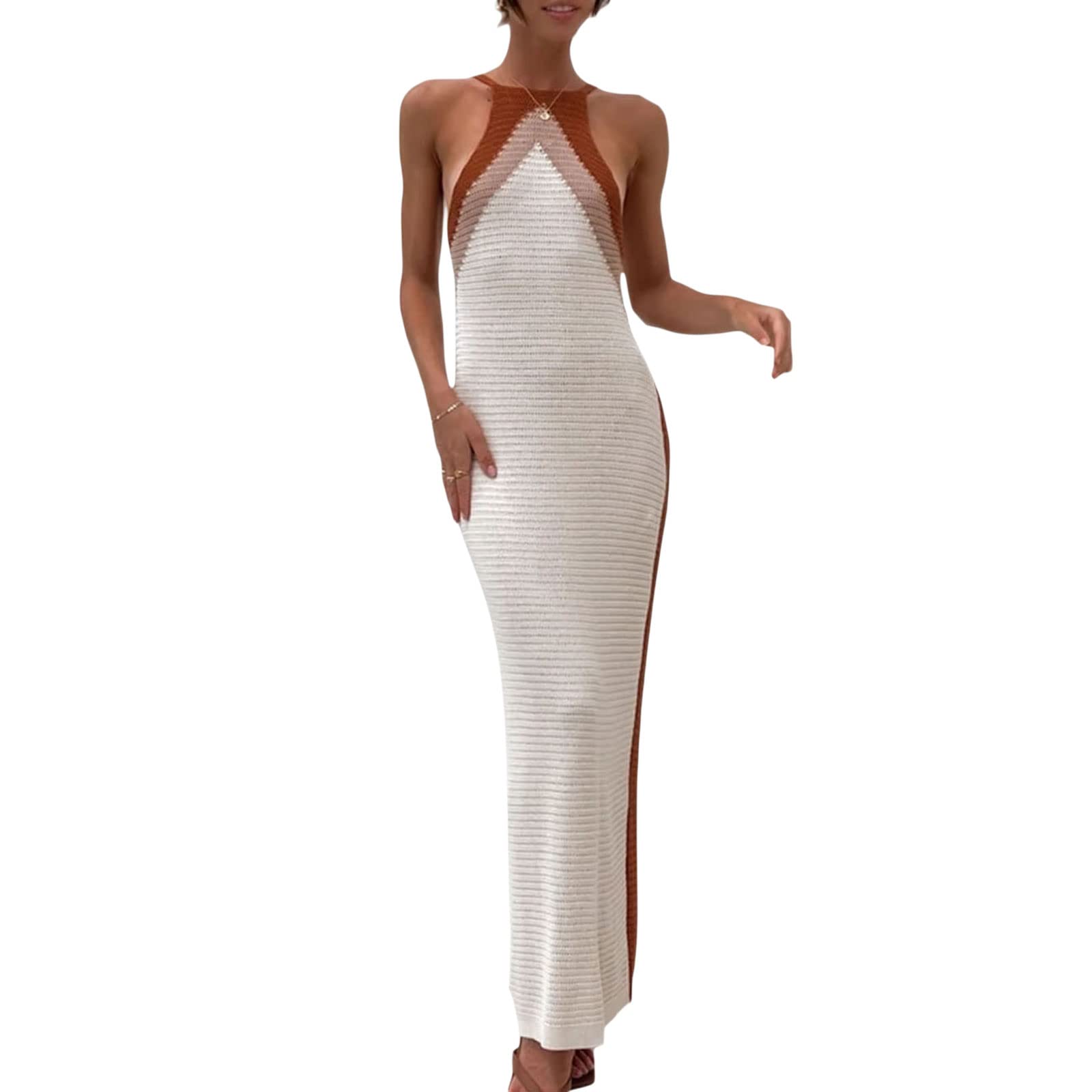 Y2K Crochet Knitted Midi Dress for Women - Sleeveless Backless Bodycon Hollow Out Long Dress for Party, Beach & Summer Vacations | Sexy Slim Fit Boho Chic Fashion