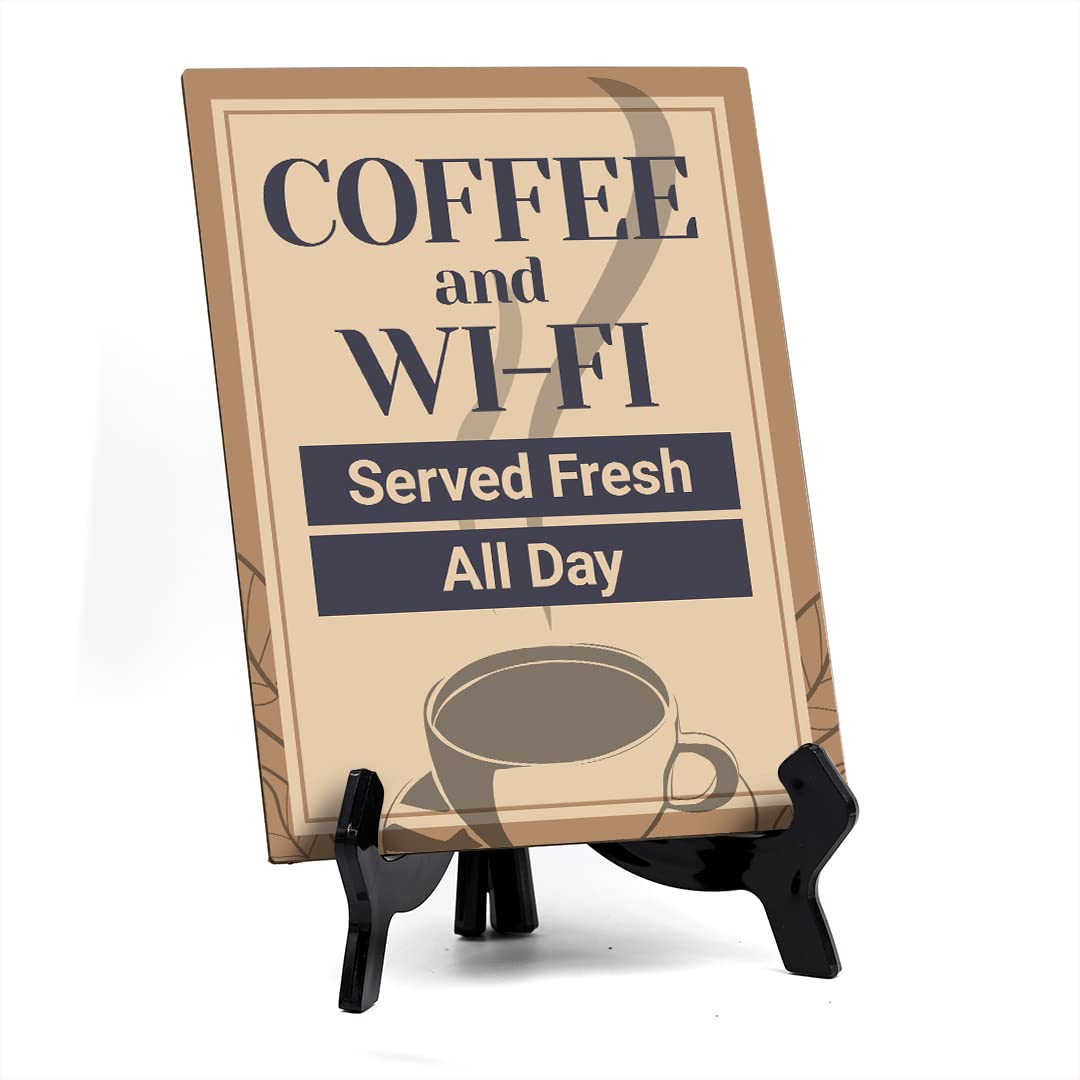 ByLITA Coffee and Wi-Fi Served Fresh All Day Table Sign - 8 x 6 Inches - Perfect for Cafes, Restaurants, and Office Break Rooms