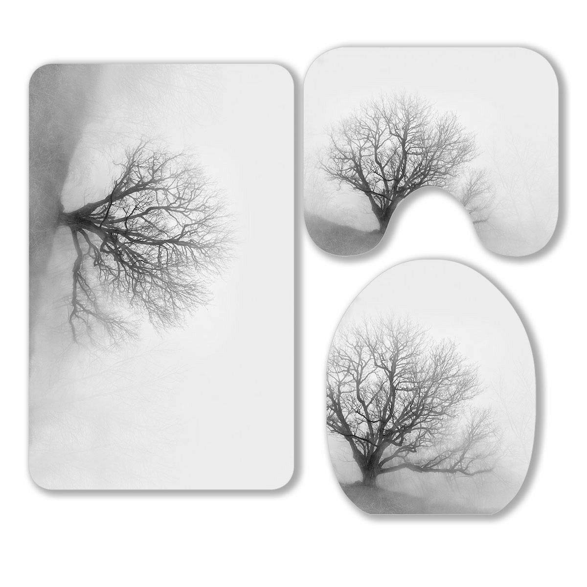 ECZJNT 3-Piece Bathroom Rug Set - Tree Fallen Leaves Fog Black White Contour Mat & Toilet Lid Cover | Non-Slip Bath Mat for Modern Bathroom Decor, Soft Absorbent Rugs for Bath, Shower & Vanity Area