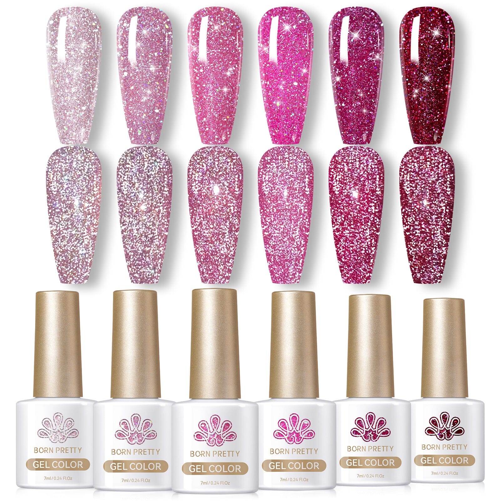 6 Colors Pink Reflective Glitter Gel Nail Polish Set - 7ml Long Lasting UV LED Soak Off Manicure Kit for Nail Salon & Home DIY Use