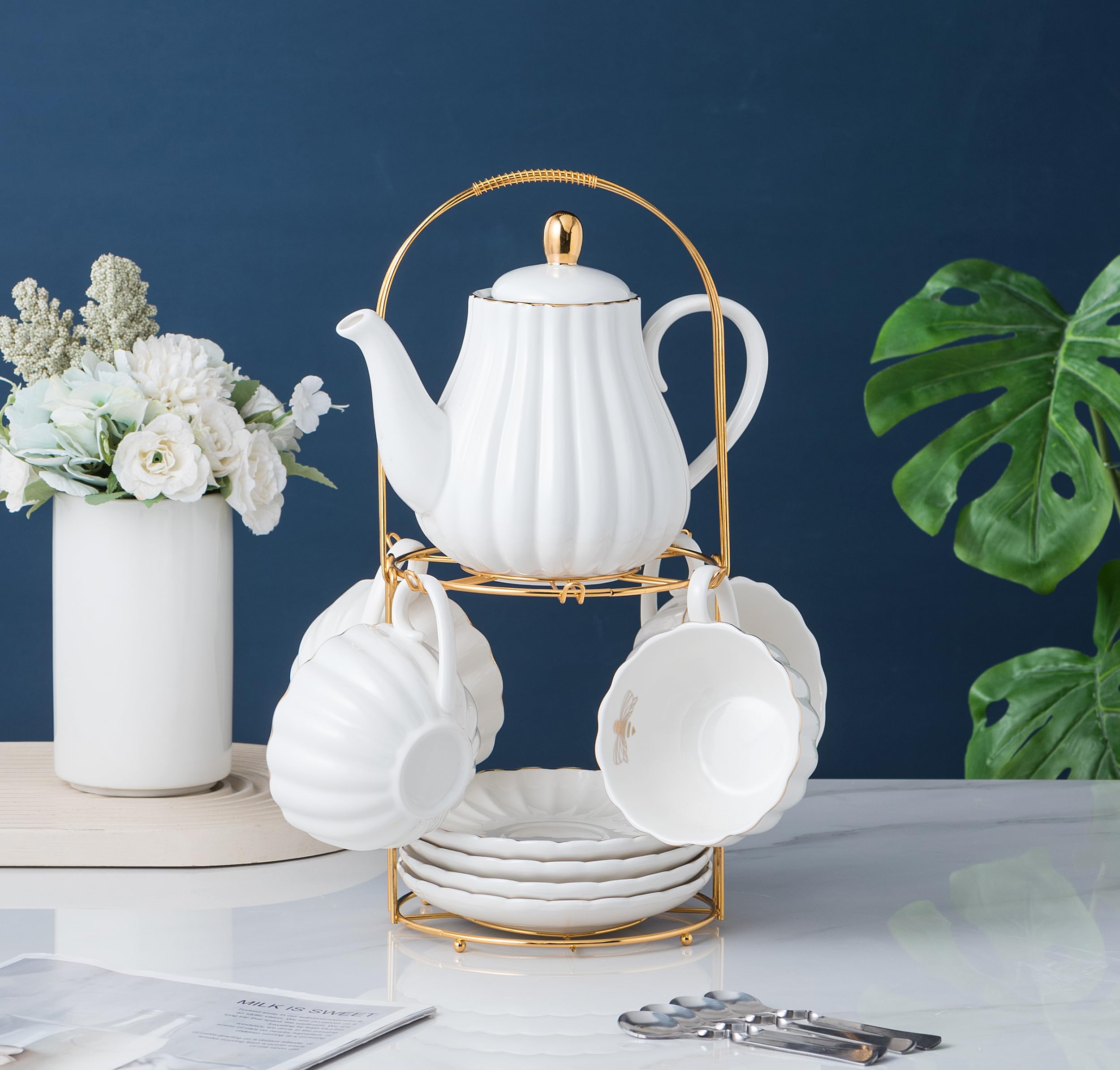 Premium 8 oz Fine China White Coffee & Tea Cup Set - 17-Piece Service for 4 with Teapot, Saucers, Sugar Bowl, Cream Pitcher & Accessories - Elegant Tea Party & Afternoon Coffee Set (White)