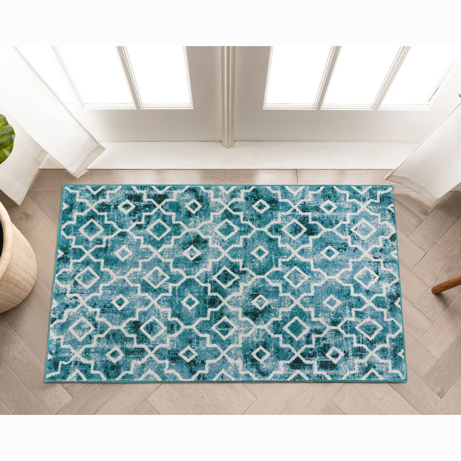 Wonnitar Moroccan Washable Area Rug - 2x3 Feet Teal Distressed Non-Slip Entryway Rug, Modern Geometric Faux Wool Carpet for Bathroom, Laundry, Indoor, Office, Living Room & Bedroom (Teal, 2'x3') - Perfect for Home Decor & High Traffic Areas