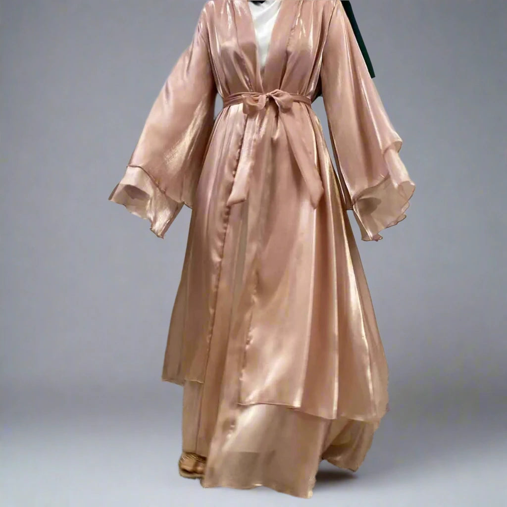 Elegant Double Layer Satin Open Abaya Dress for Women - Modest Muslim Prayer Dress for Mosque, Eid & Special Occasions