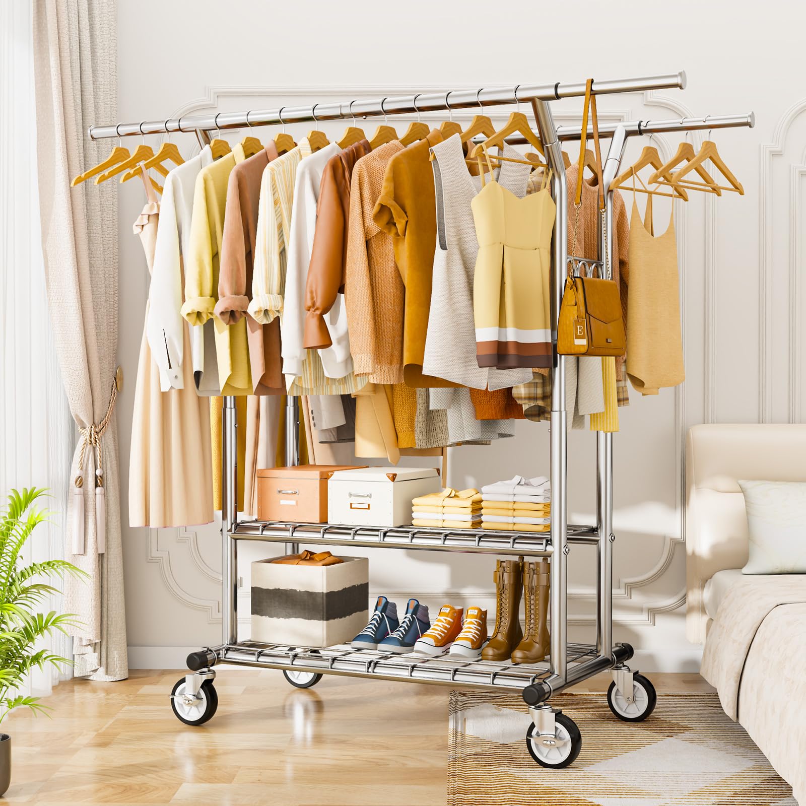 Heavy Duty Rolling Garment Rack with Shelves - 620 lbs Capacity, Adjustable Double Rod Clothes Hanger for Hanging Clothes, Portable Wheeled Clothing Rack for Home, Office, and Retail Store Use