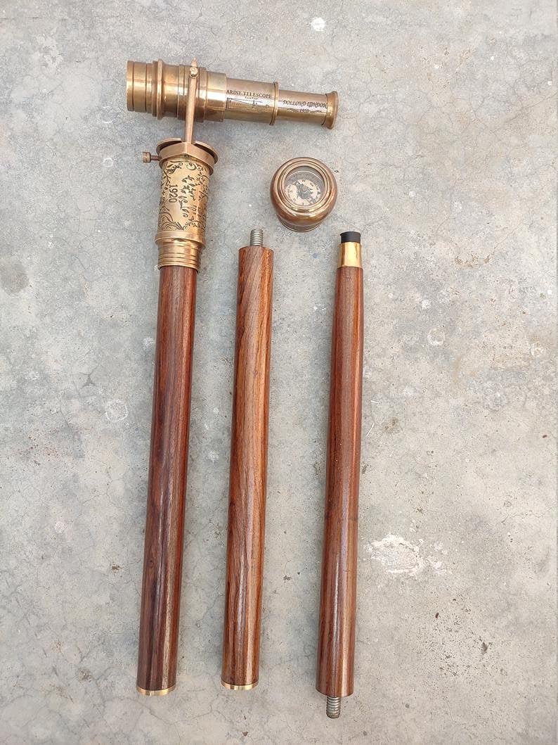 Antique 1920 Dollond London Victorian Telescope Compass Walking Cane - Engraved Spyglass Handle, Steampunk Style, Brown - Perfect for Historical Reenactments, Cosplay & Unique Gifts