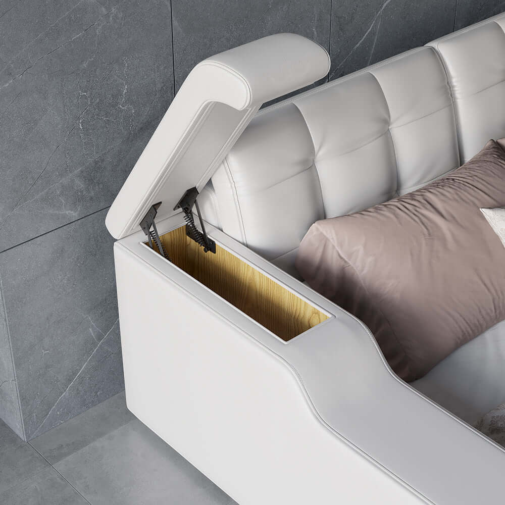 King Size White Smart Bed with Massage & Bluetooth Speaker - Faux Leather Upholstered Adjustable Bed for Ultimate Relaxation | Perfect for Bedroom, Home Theater & Luxury Living Spaces