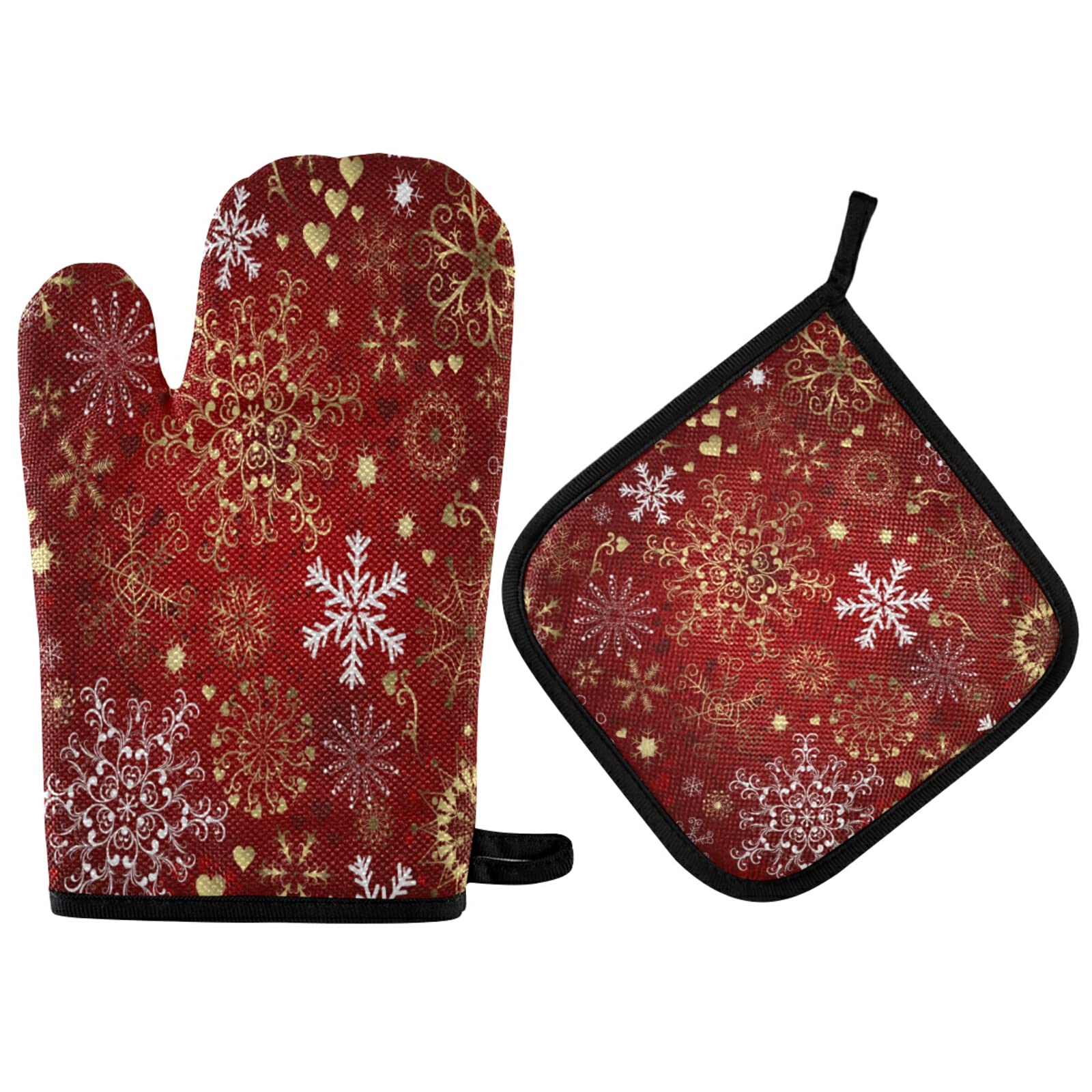 ALAZA Heat Resistant Christmas Snowflake Oven Mitt & Pot Holder Set - Gold White Red Kitchen Gloves for Cooking, Baking, Grilling, BBQ - Perfect Holiday Gift for Home Chefs & Bakers