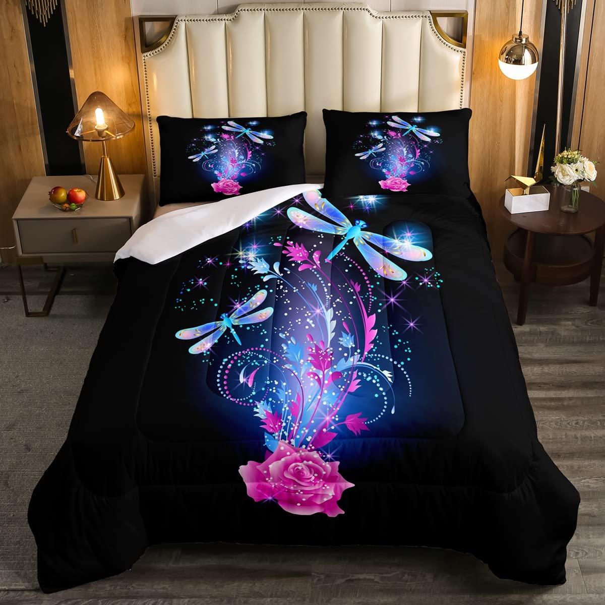 Feelyou Floral Dragonfly Bedding Set - Colorful Dragonfly Print Comforter for Kids & Girls, Botanical Flowers & Leaves Design, Includes 1 Full Size Quilt & 2 Pillowcases - Perfect for Girls' Bedroom Decor, Kids Room Makeover & Butterfly Themed Nursery