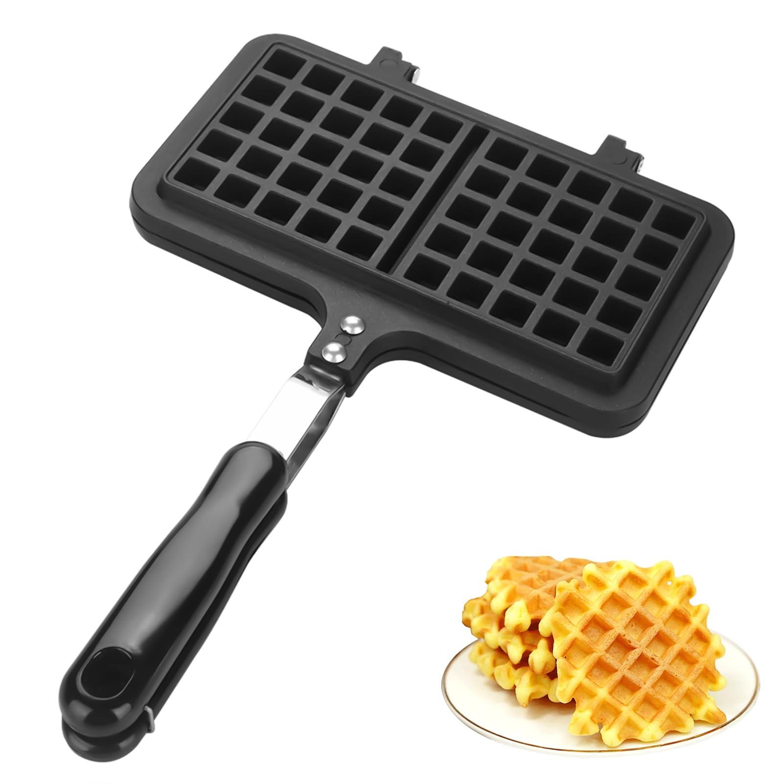 Cast Iron Belgian Waffle Maker - Non-Stick Double Mini Waffle Iron Pan for Breakfast, Snacks & Desserts (8.5