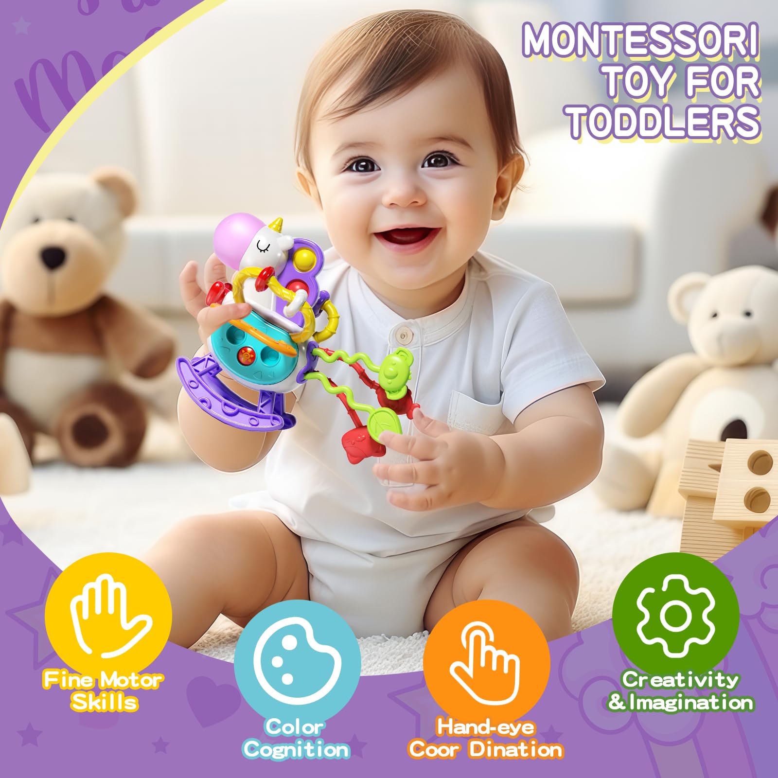 Montessori Baby Toys for 0-18 Months - Food Grade Silicone Pull String Activity & Teething Toy - Sensory Learning Toy for Toddlers 1-3 Years - Perfect Gift for Baby Shower, Infants Car Seat, High Chair & Travel - Ideal for Early Childhood Development & On-the-Go Playtime