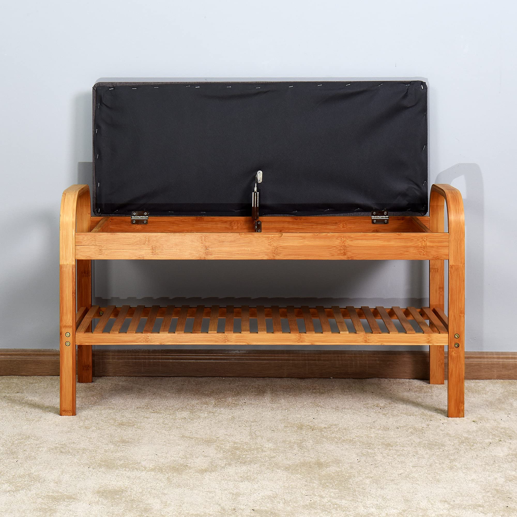 HomVent Shoe Bench with Storage - Small Entryway Bench Seat, Bamboo Shoe Rack & Stool with Cushion for Hallway, Living Room, Bedroom - Perfect for Organizing Shoes & Adding Seating Space