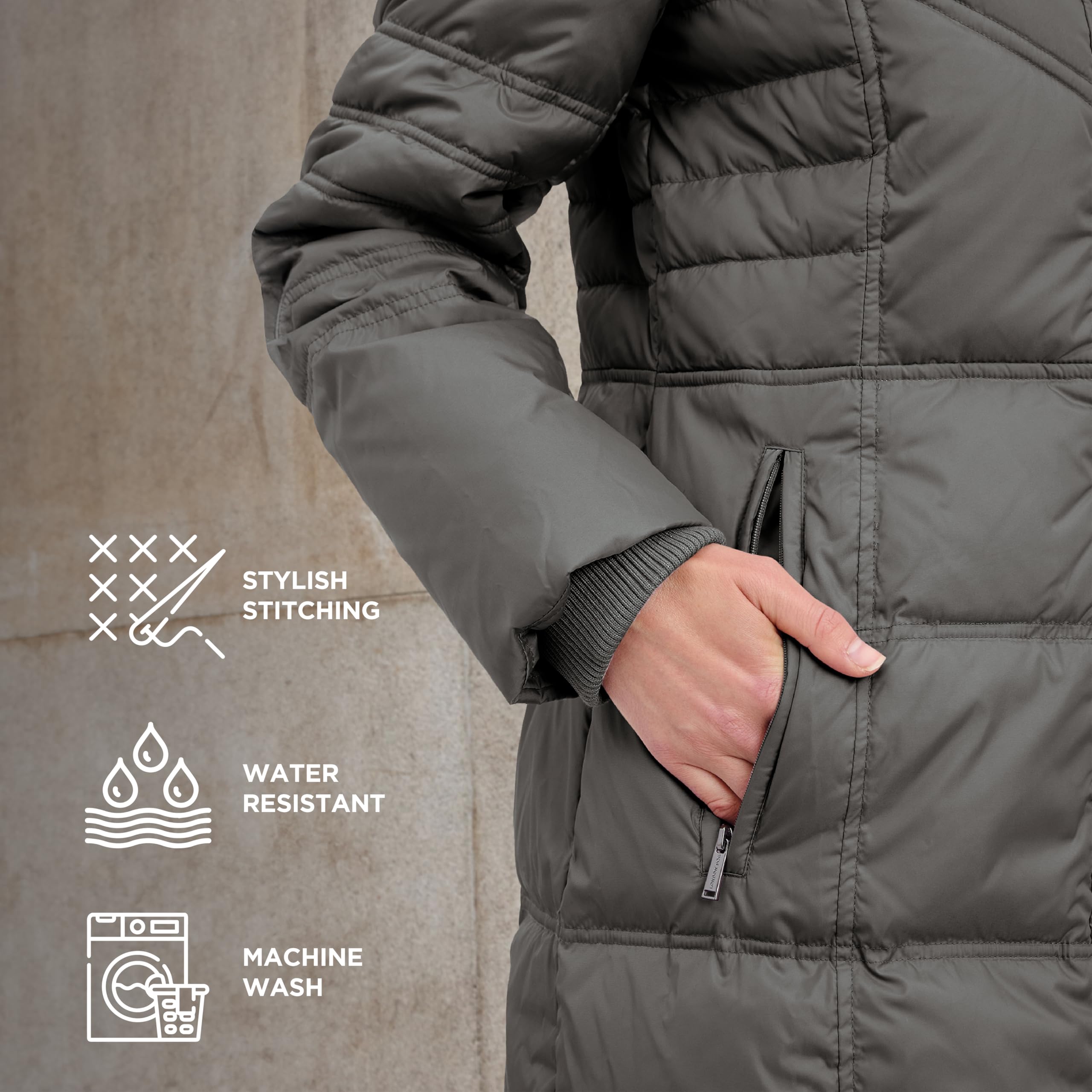 LONDON FOG Women's Chevron Winter Coat with Faux Fur Hood - Warm Stylish Outerwear for Cold Weather | Perfect for Work, Travel & Everyday Wear