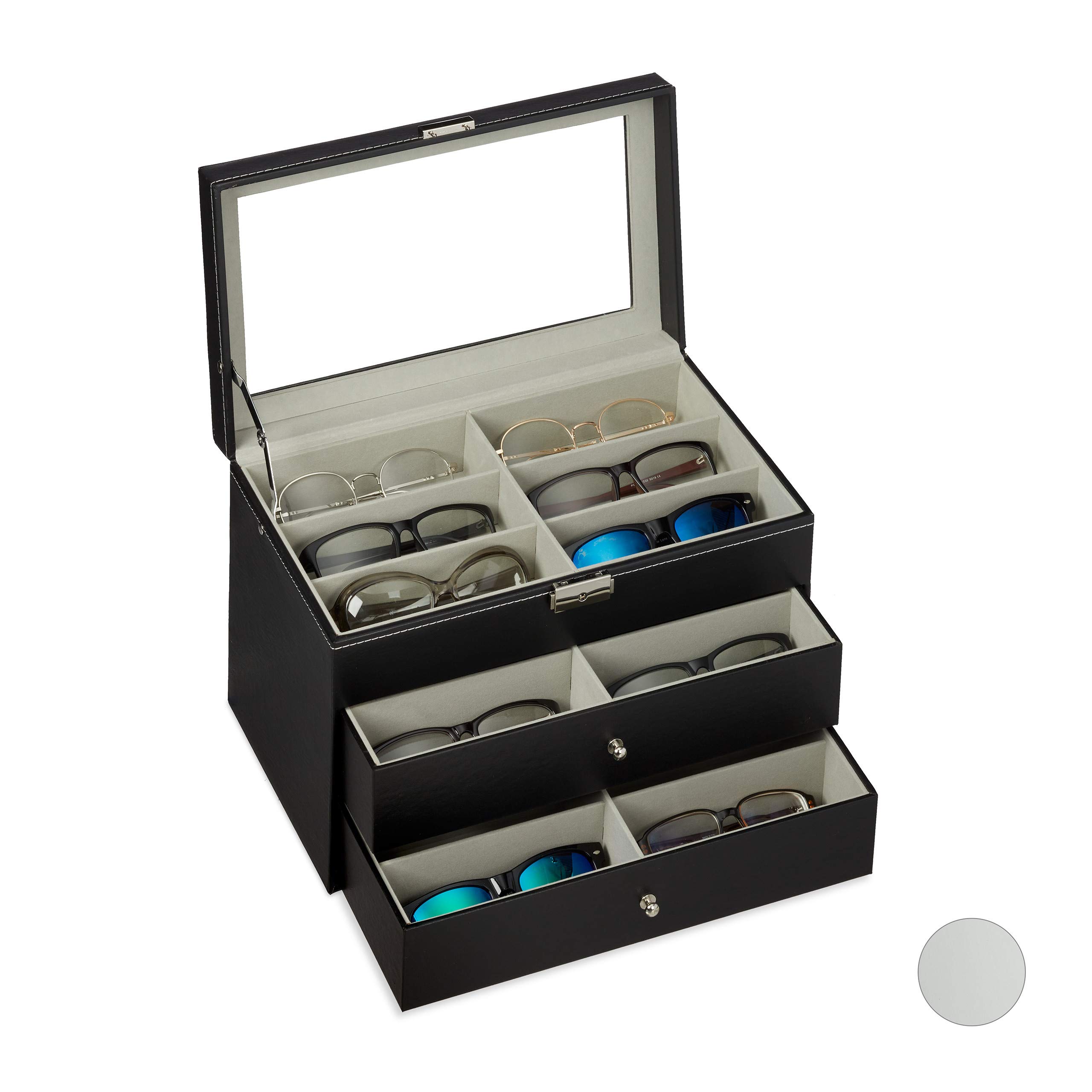 Relaxdays Faux Leather Sunglasses Storage Box for 18 Glasses - 22.5x33.5x19cm Black Organizer Case - Perfect for Home, Office, or Travel Accessory Organization