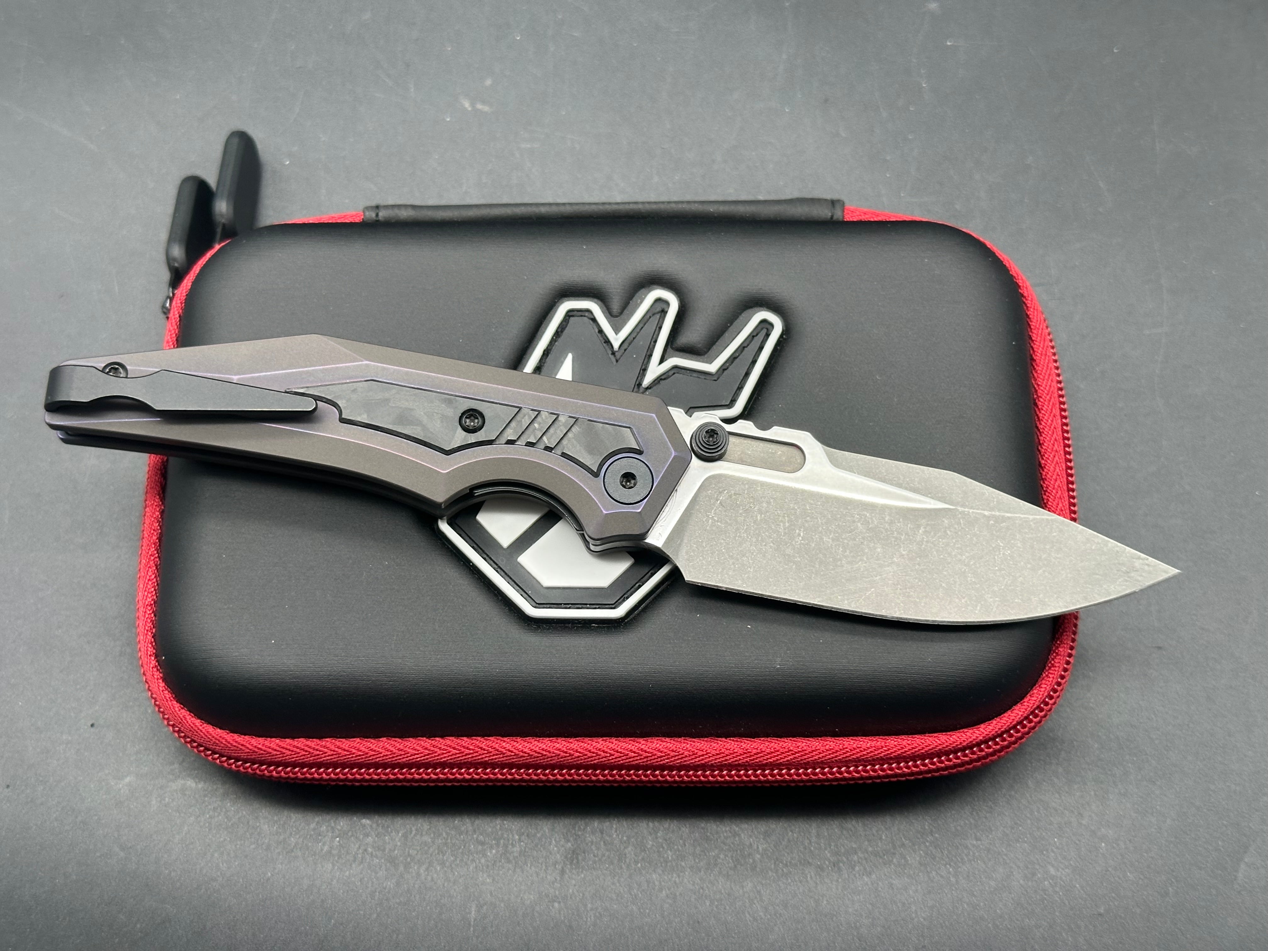 Arcane Design The Preytheon Custom Purple Titanium Folding Knife with Glow Carbon Fiber Inlays - Clip Point Blade, Grey Stonewash Finish & Satin Flats in Premium 20CV Steel | EDC, Outdoor Survival, Camping & Tactical Gear