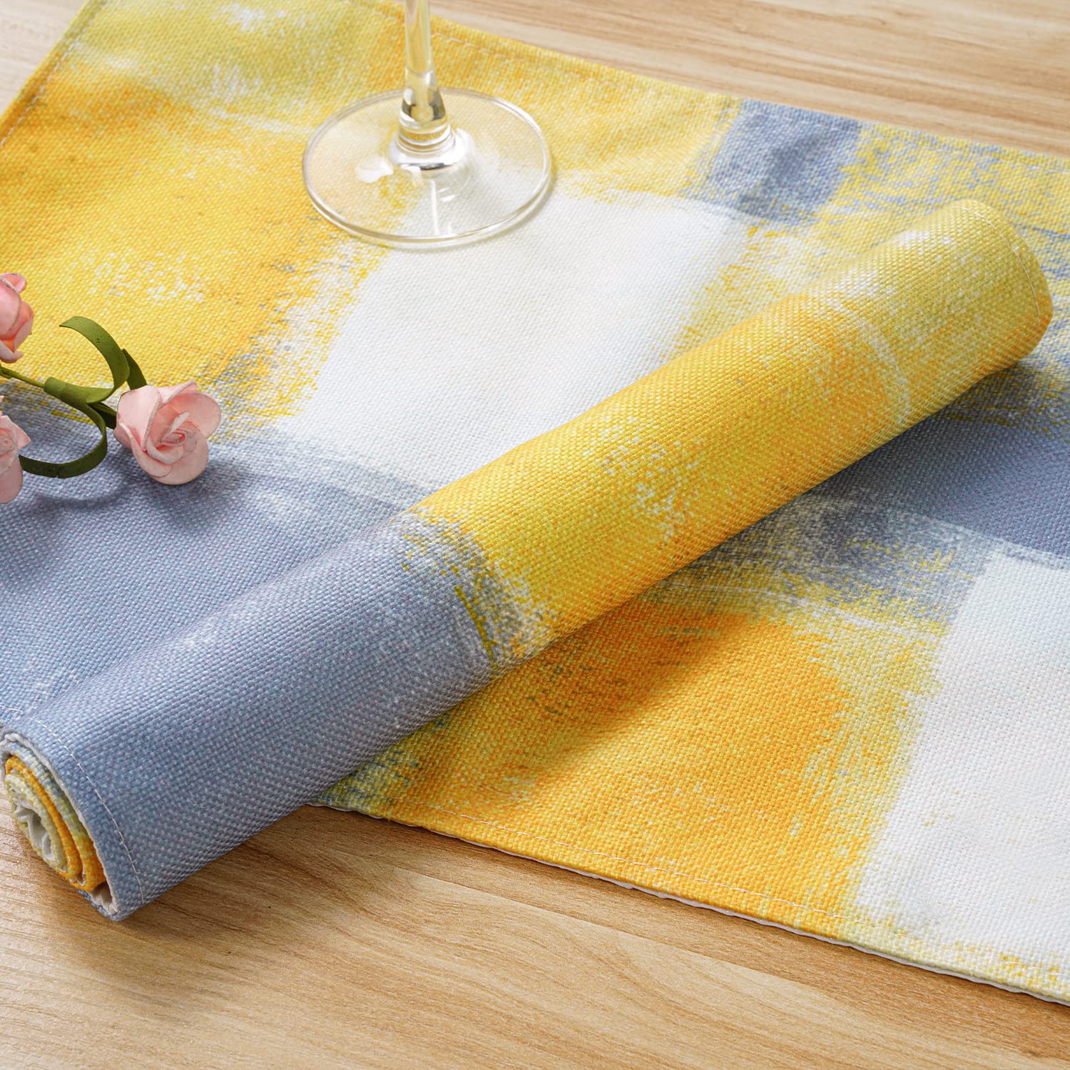Modern Abstract Art Placemats Set of 4 - Yellow & Grey Non-Slip Heat Resistant Dining Mats - 18