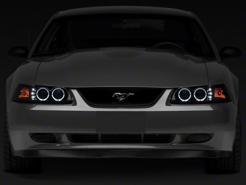 Raxiom Smoked Projector Headlights with Dual LED Halo for Ford Mustang 1999-2004 - Upgrade Your Ride with Enhanced Visibility & Style for Night Driving & Car Shows