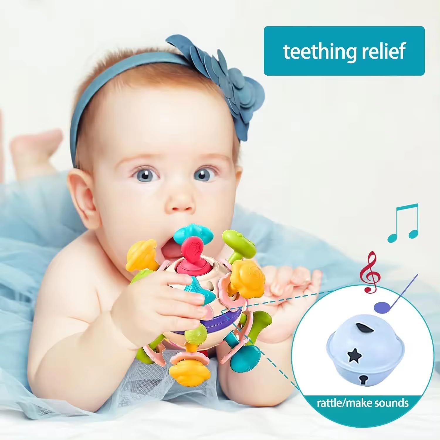 BLiSS HUES Silicone Space Teether Ball Toy for Babies 6+ Months - Safe Chewing, Sensory & Montessori Learning Developmental Toy - Perfect for Teething Relief, Early Education & Playtime