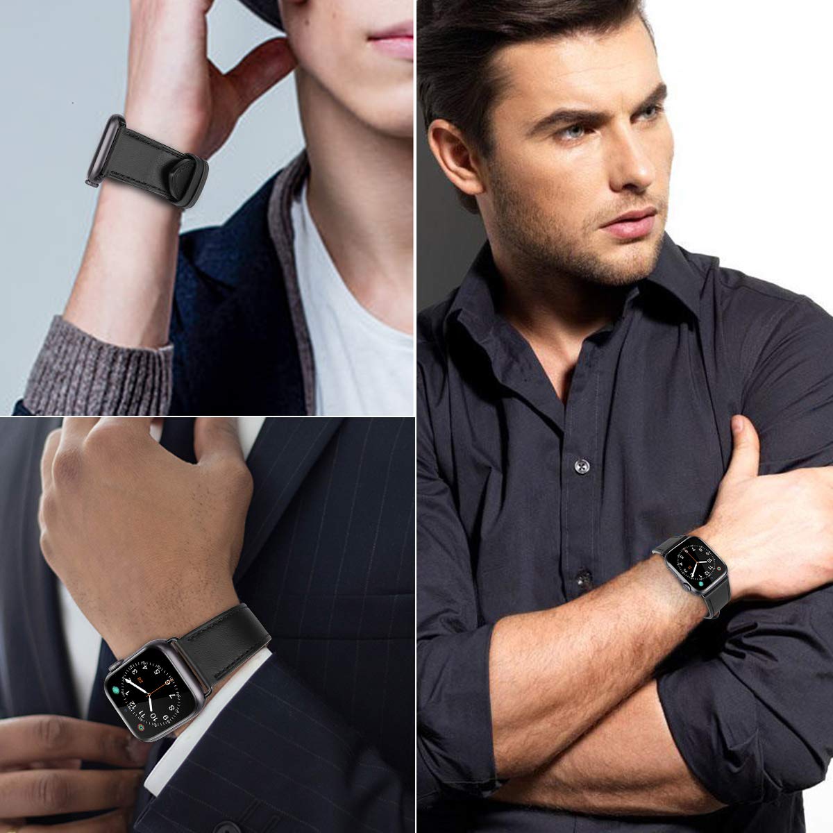 Premium Leather Apple Watch Band 42mm 44mm 45mm 49mm - Replacement Strap Compatible with iWatch Ultra, Series 8/7/6/SE/5/4/3/2/1 - Black Butterfly Clasp Bracelet for Workout, Office & Casual Wear