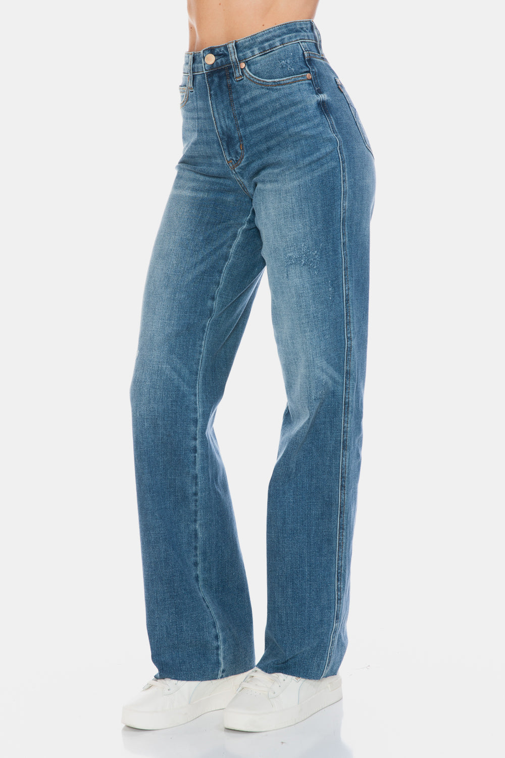 Judy Blue Women's High Waisted Tummy Control Straight Leg Jeans with Raw Hem - Comfortable Stretch Denim for Everyday Wear, Work & Casual Outings