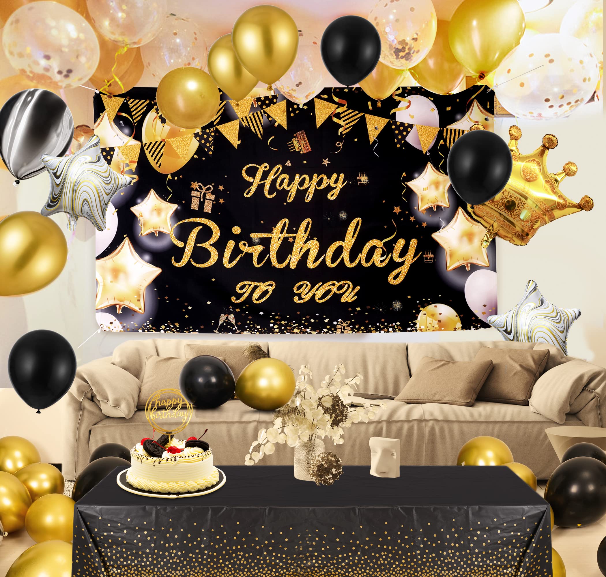 KATBUU Gold & Black Happy Birthday Decorations for Women & Girls - Elegant Party Supplies for Birthdays, Bridal Showers & Special Events