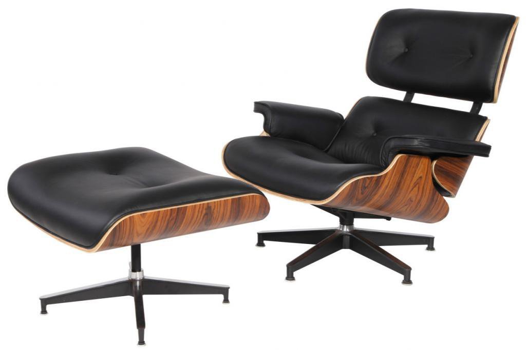 Mid-Century Modern Plywood Lounge Chair & Ottoman with Premium Italian Black Leather and Palisander Wood, Perfect for Living Room, Office, or Reading Nook