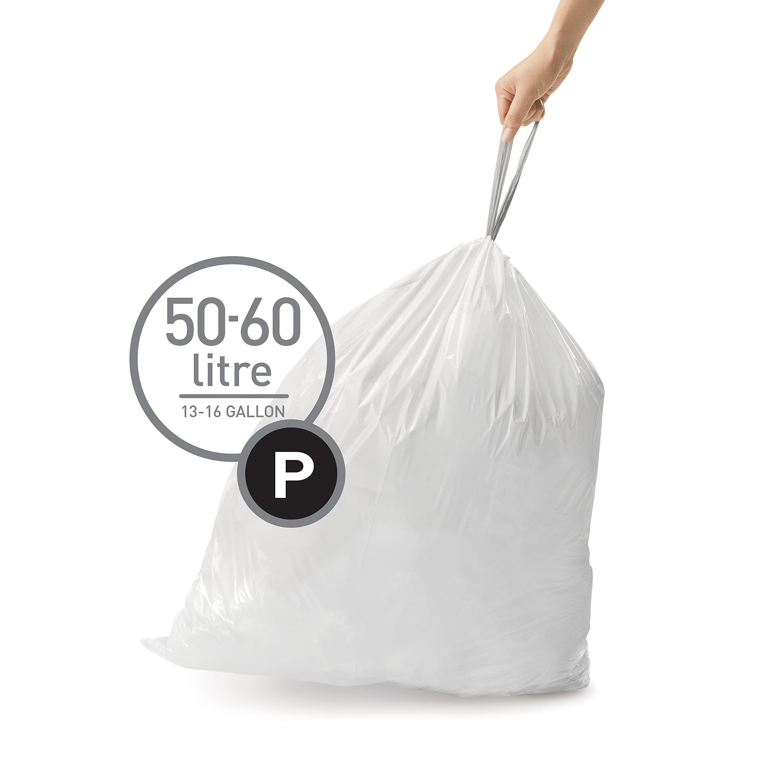 simplehuman Code P 200 Count Genuine Custom Fit Liners - 30 Liter / 8 Gallon Drawstring Trash Bags - White - Perfect for Kitchen, Bathroom & Office Waste Bins