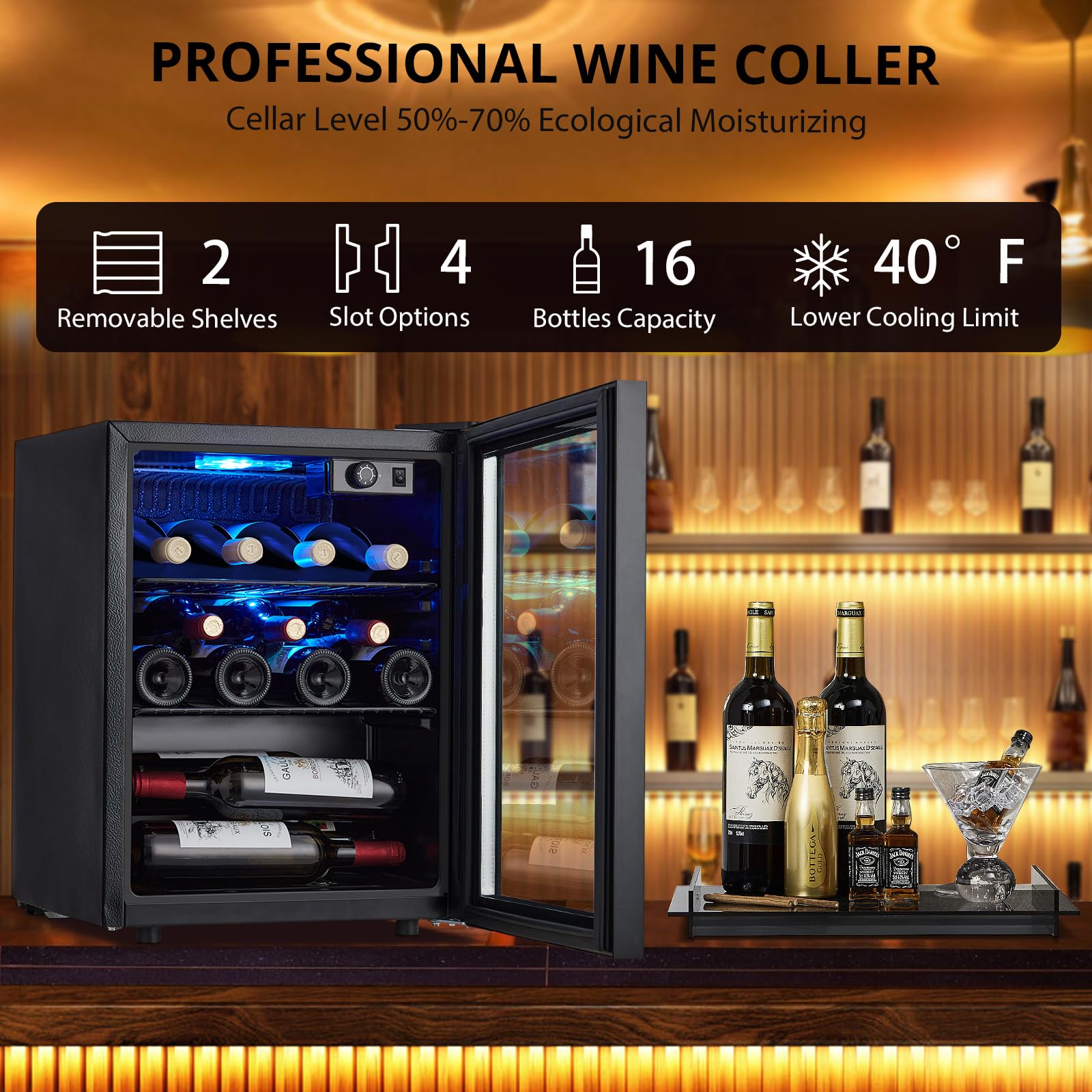 GARVEE 16 Bottle Mini Wine Fridge - Adjustable Temperature 40-61°F, Triple Pane Glass Door Compact Wine Cooler for Home, Office, Kitchen or Bar - Perfect for Storing White, Red & Sparkling Wines