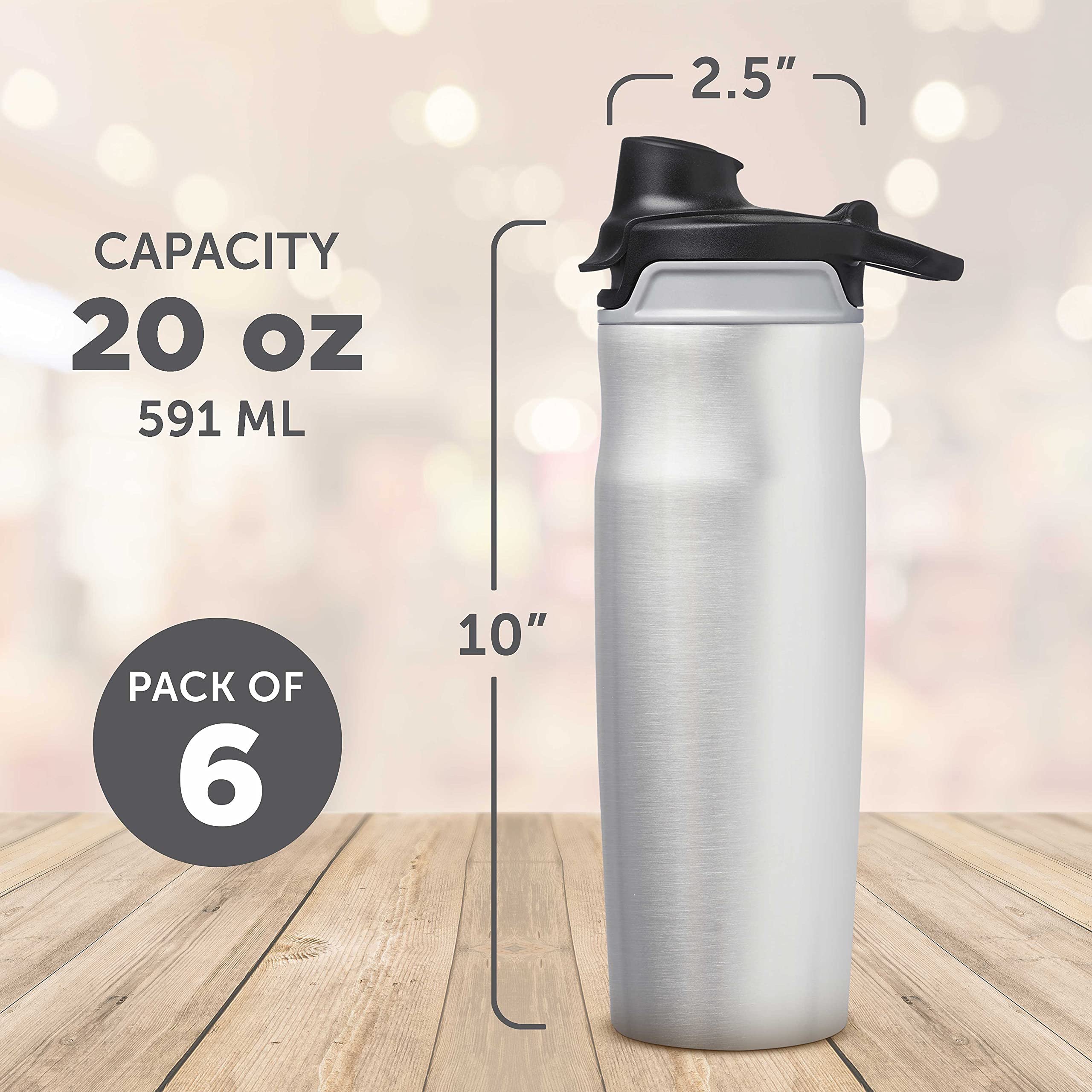 Juno 20 oz Reusable Water Bottles with Flip Lid - Set of 6 Bulk Pack - BPA Free, Leak Proof - Perfect for Gym, Hiking, Cycling, School & Office - Silver