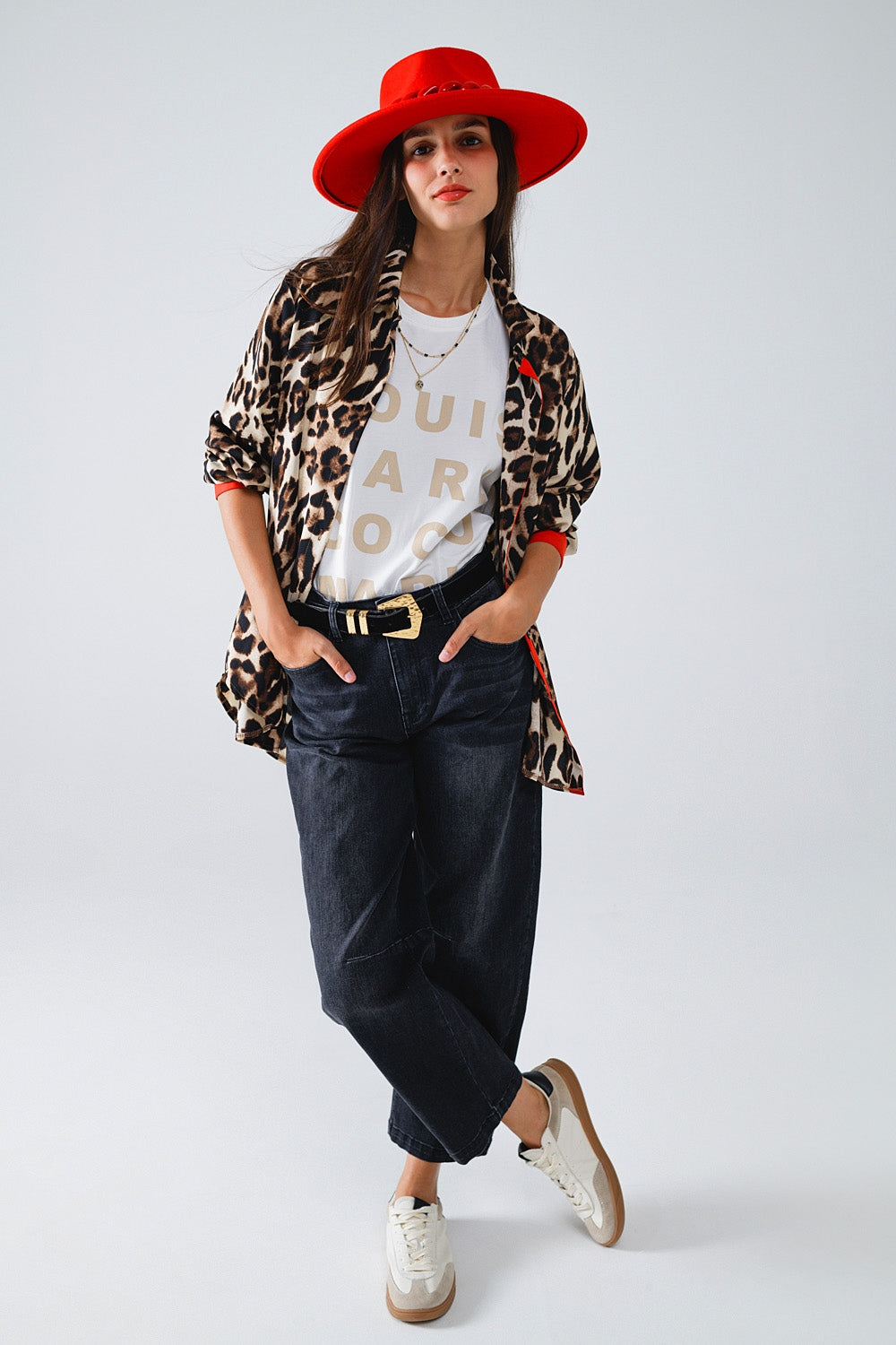 Leopard Print Shirt with Red Button Placket and Red Sleeves - Stylish Casual Wear for Women, Perfect for Office, Party & Date Nights