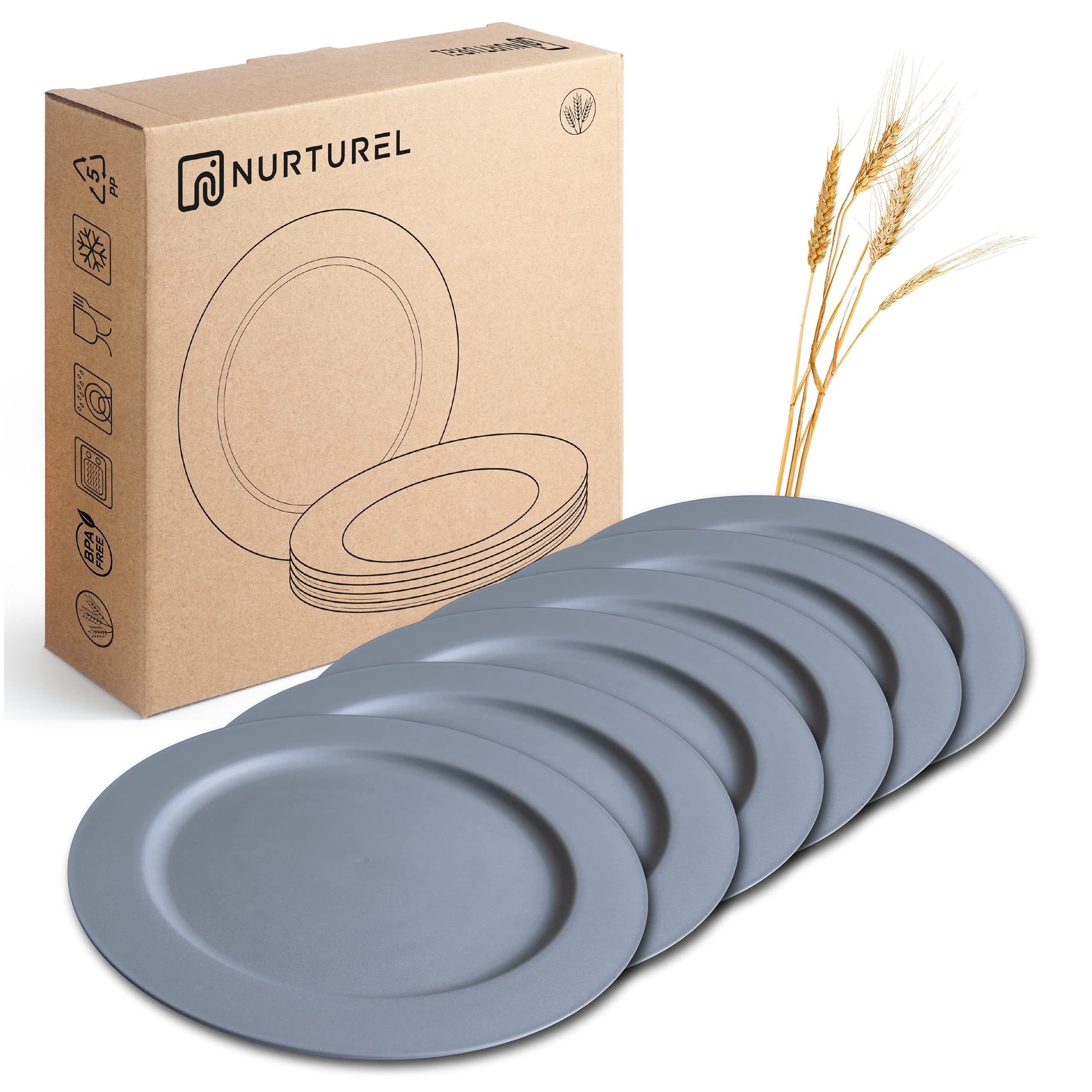 10-Inch Unbreakable Wheat Straw Dinner Plates - BPA Free, Microwave & Dishwasher Safe, Eco-Friendly Reusable Tableware Set for 6 - Perfect for Family Meals, Parties & Outdoor Dining (Grey)