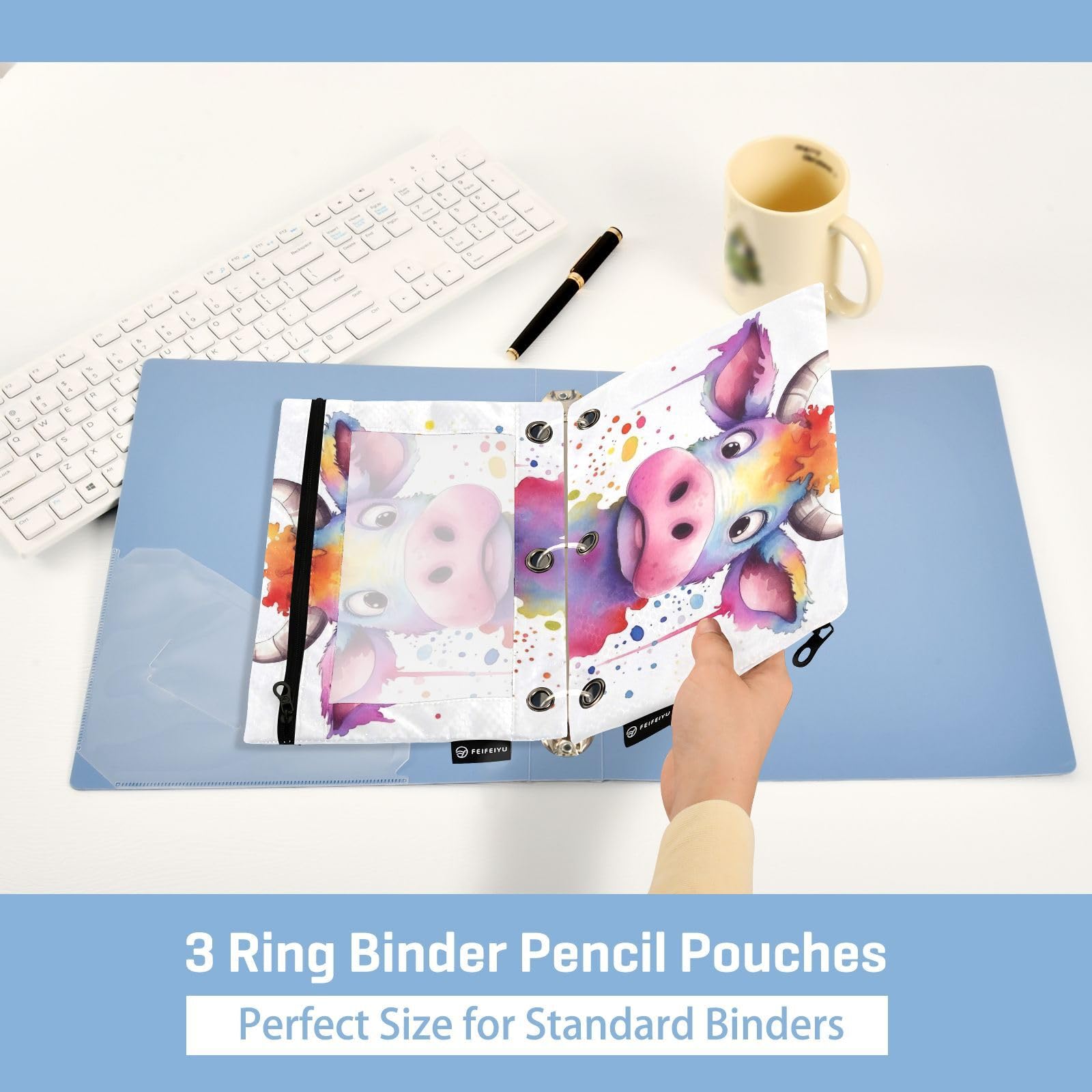 Cute Pink Cow Binder Pencil Pouches - 2 Pack Zipper Pencil Case for 3 Ring Binder with Clear PVC Window, Durable Waterproof Polyester Pen Organizer - Perfect for School, Office & Art Supplies Storage