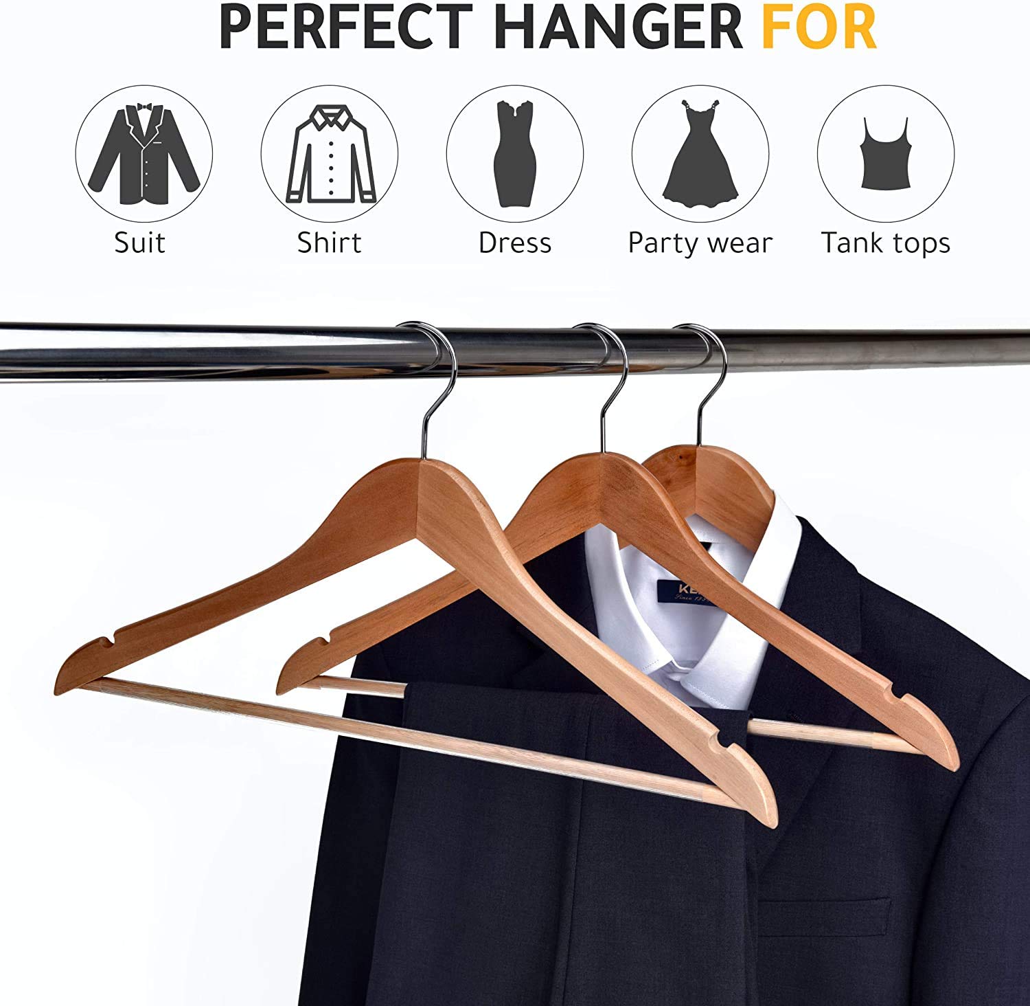 Premium Solid Wooden Hangers - 80 Pack Slightly Curved Coat Hangers with Chrome Hooks - Heavy Duty Clothes Hanger for Jackets, Shirts, Pants & Suits - Natural Wood Closet Organizer for Home, Hotel & Retail Use