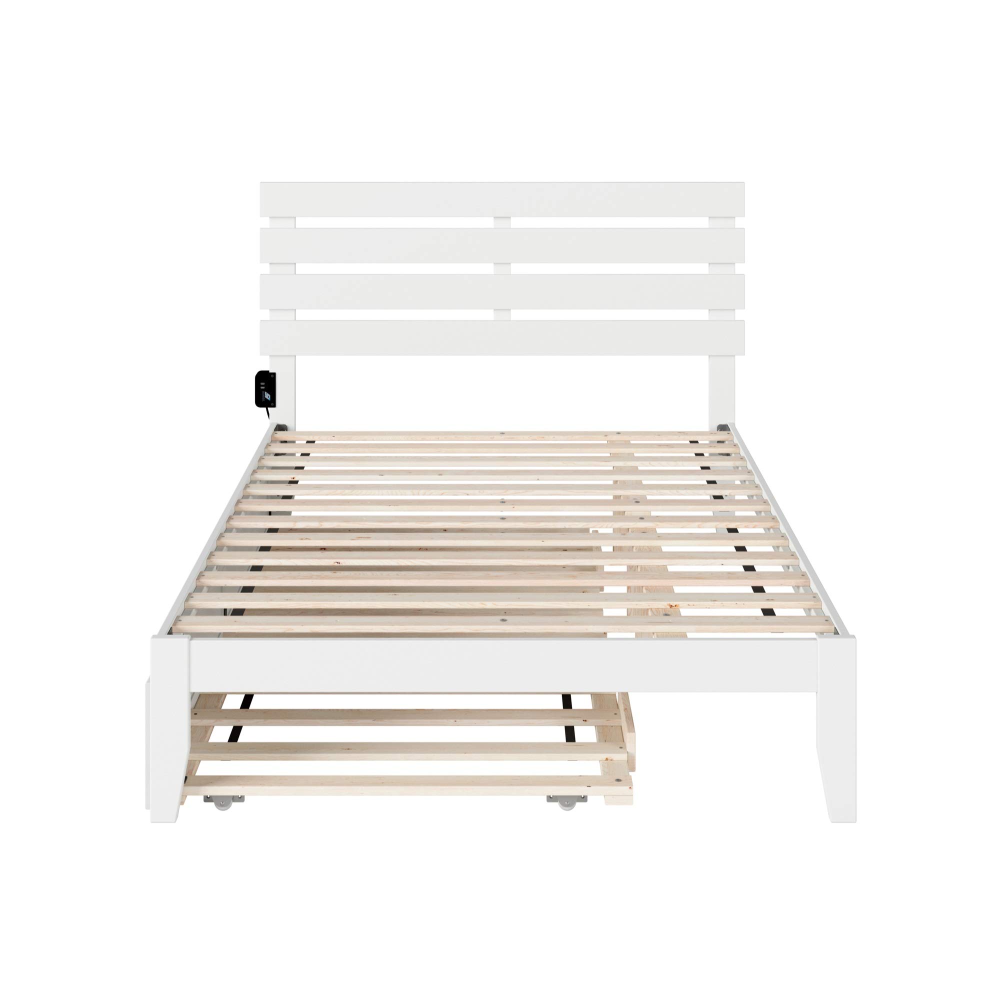 AFI Oxford Full Size Platform Bed with Twin Trundle & USB Charging Station - White Modern Bed Frame for Small Spaces, Guest Rooms & Kids' Bedrooms