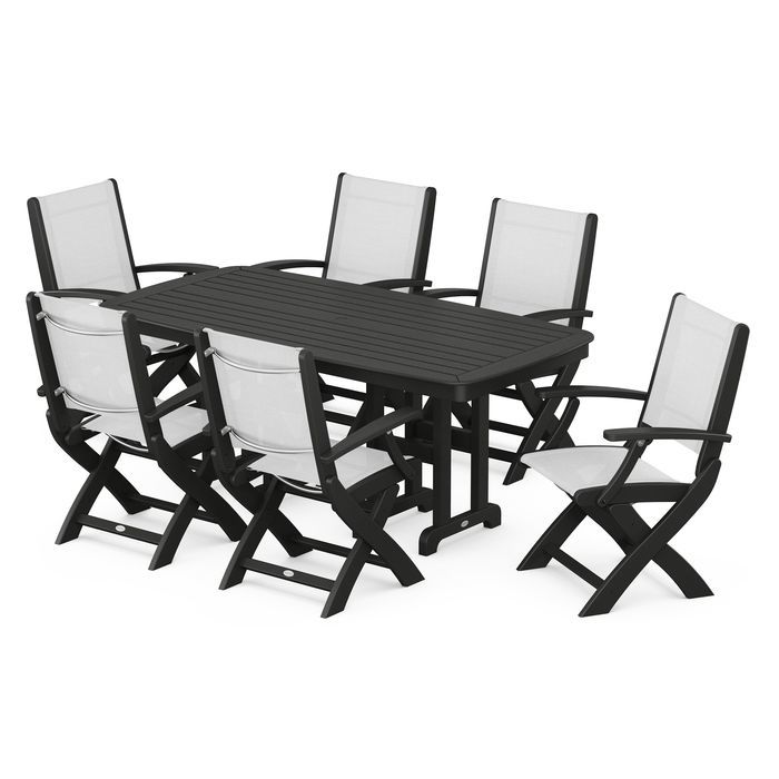 POLYWOOD Coastal Folding Arm Chair 7-Piece Outdoor Dining Set - Perfect for Patio, Deck, Poolside & Beachfront Entertaining