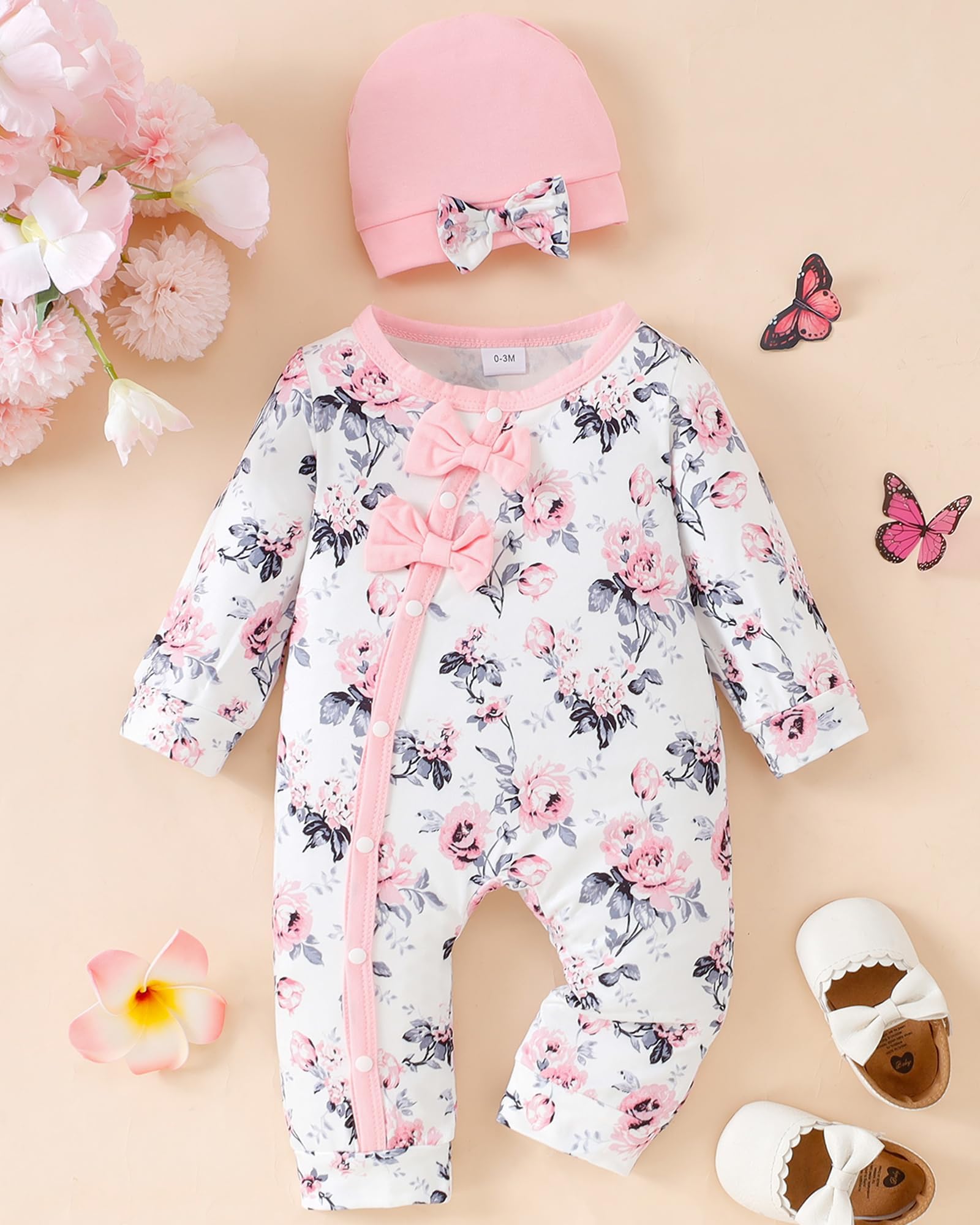 Mioglrie Newborn Baby Girl Clothes - Soft Long Sleeve Romper Jumpsuit with Floral Hat | Fall & Winter Outfits for Infant & Preemie Girls | Perfect for Family Photos, Holiday Gifts & Daily Wear