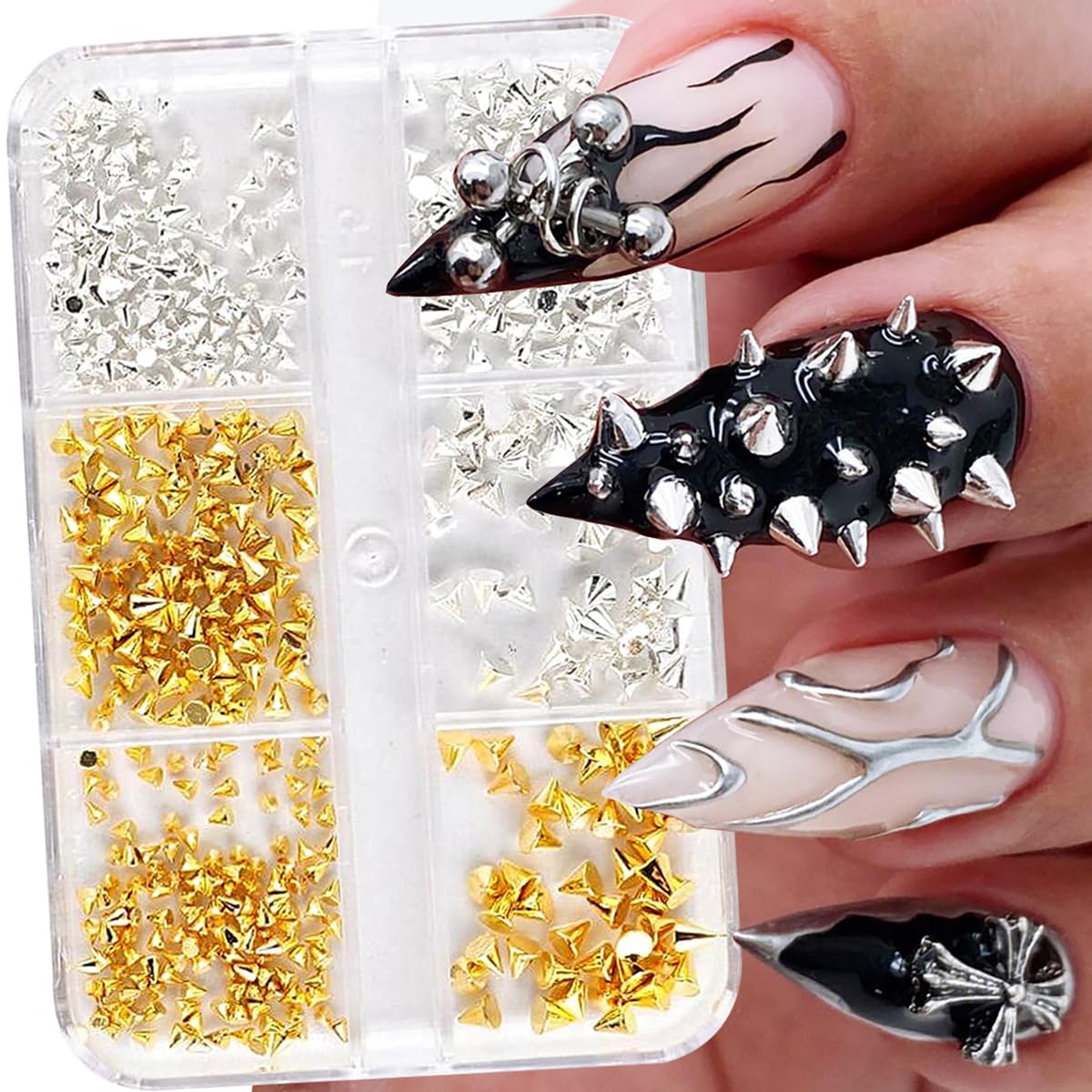 Mini Metal Rivet Punk Nail Charms - Gold & Silver Cone Nail Art Studs, Alloy Spike Studs for Acrylic Nails - DIY Nail Jewelry Decorations | Perfect for Gothic, Punk & Edgy Nail Art Designs