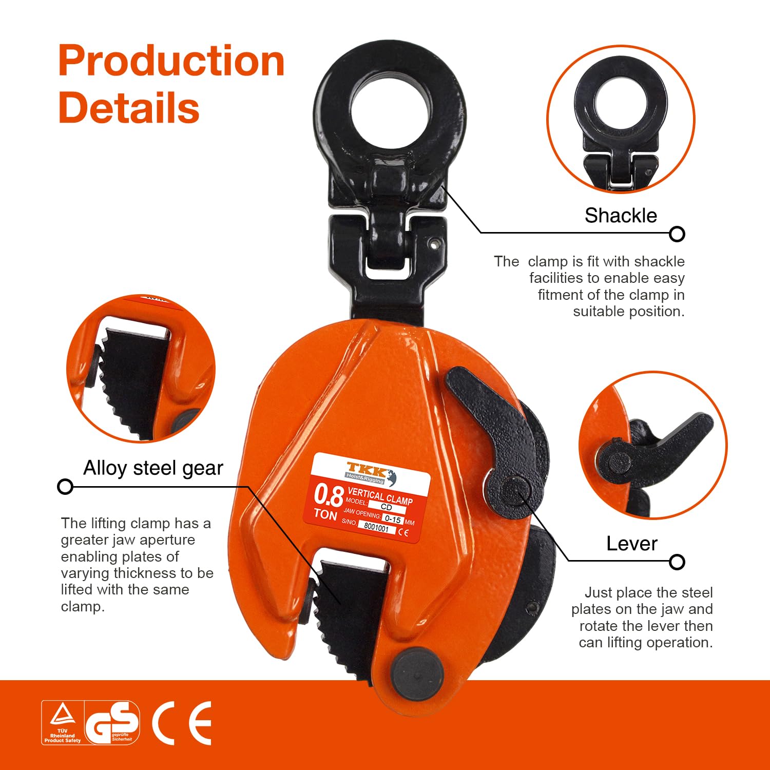 Heavy Duty TKK Vertical Plate Clamp 1760Lb (1Ton) - 0.8 Inch Jaw Opening for Secure Lifting & Transporting - Ideal for Construction, Steel Handling & Industrial Material Movement