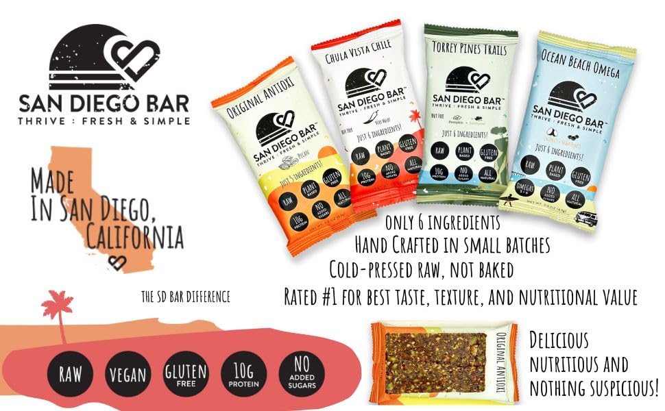San Diego Bar Original Antioxi - 12 Count, Gluten Free, Vegan, Dairy Free Snack Bars | Healthy On-The-Go Energy Bars for Hiking, Workouts & Travel