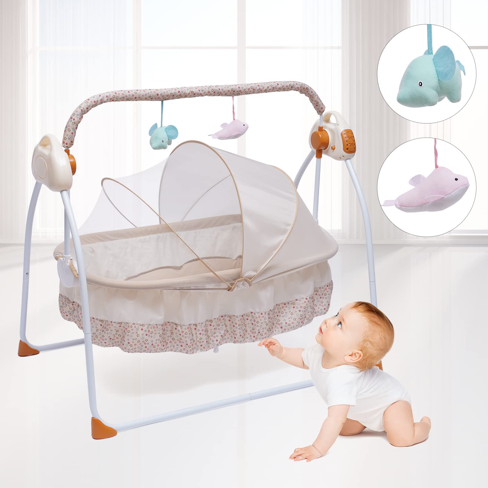 Portable Electric Baby Swing Rocker with Remote Control, 5 Adjustable Speeds, Timer & Music - Foldable Infant to Toddler Rocking Chair (Khaki Lux) - Perfect for Nursery, Daycare & Travel