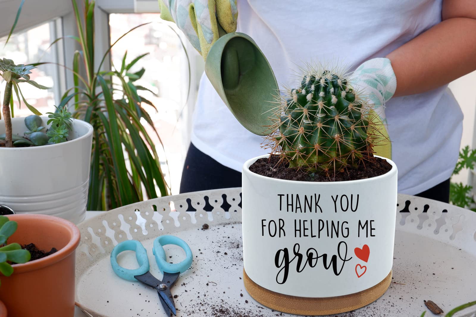 Funny Ceramic Succulent Cactus Planter Pot with Bamboo Saucer - Cute Office Desk Decor for Teachers, Mom, Grandma | Perfect Appreciation Gift for Coworkers, Birthday, Mother's Day | Ideal for Small Plants, Air Purifying Succulents & Home Garden Decor (Plant Not Included)