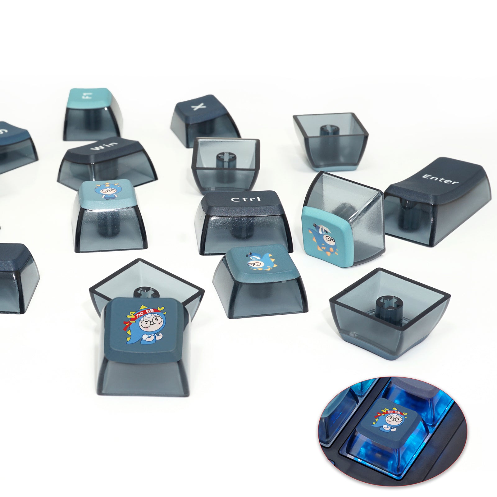 YUNZII Gradient Blue Keycap Set - 129 Keys PBT Dye-Sub Keycaps for Mechanical Keyboards - Perfect for Gaming, Typing & Custom Builds
