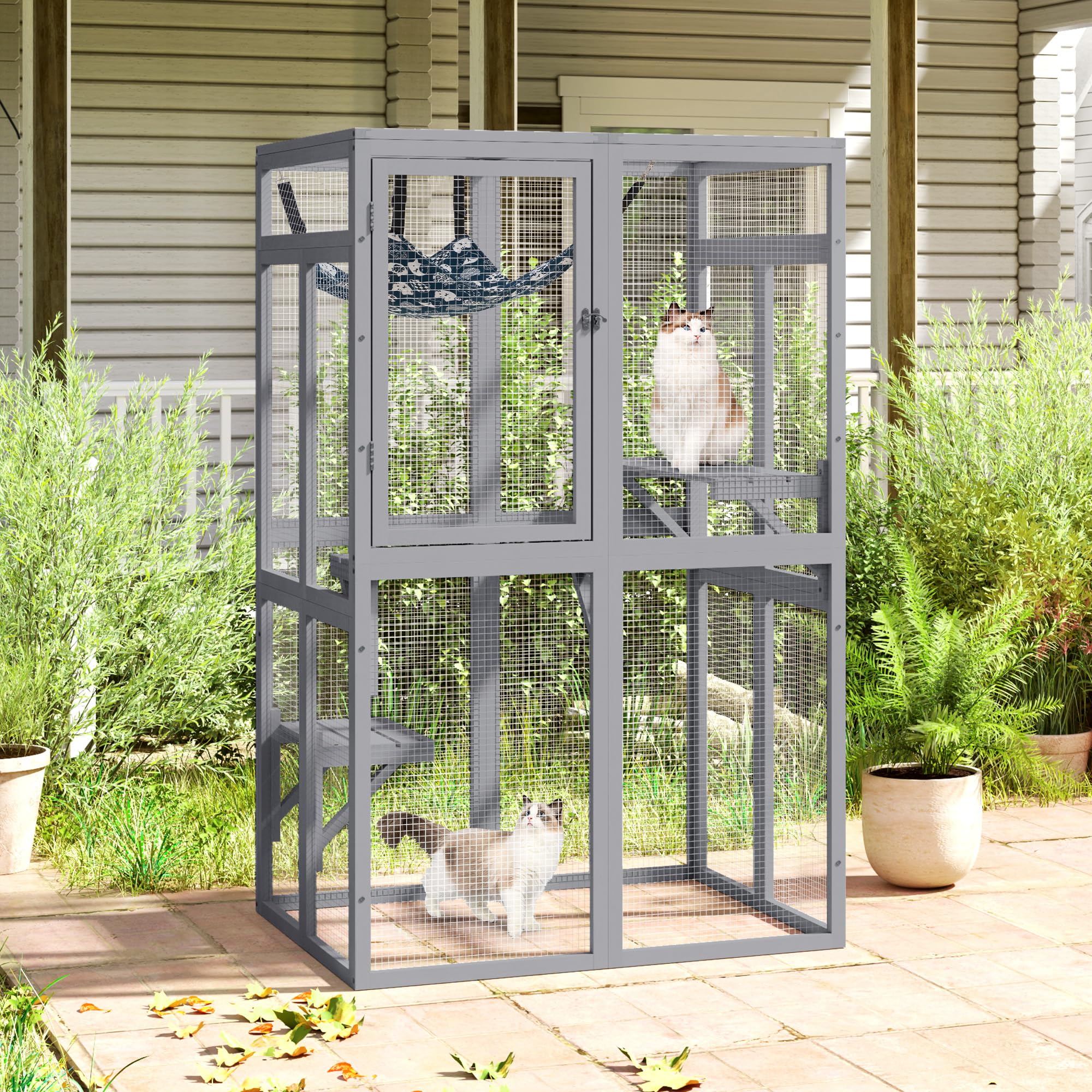 Outdoor Wooden Cat Enclosure - Grey Catio with Window Access for Patio & Indoor Kitty House | Perfect for Backyard, Balcony & Home Use
