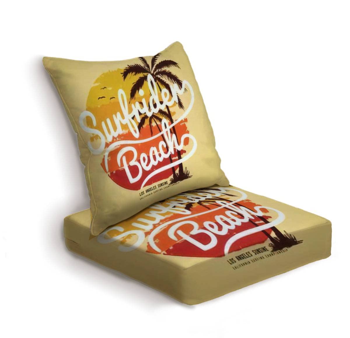 2-Piece Outdoor Deep Seat Cushion Set - Tropical Surfing Design with Hand-Drawn Silhouettes, T-Back Lounge Chair Cushions for Patio Furniture Replacement - Perfect for Poolside, Beach House, and Backyard Conversation Areas
