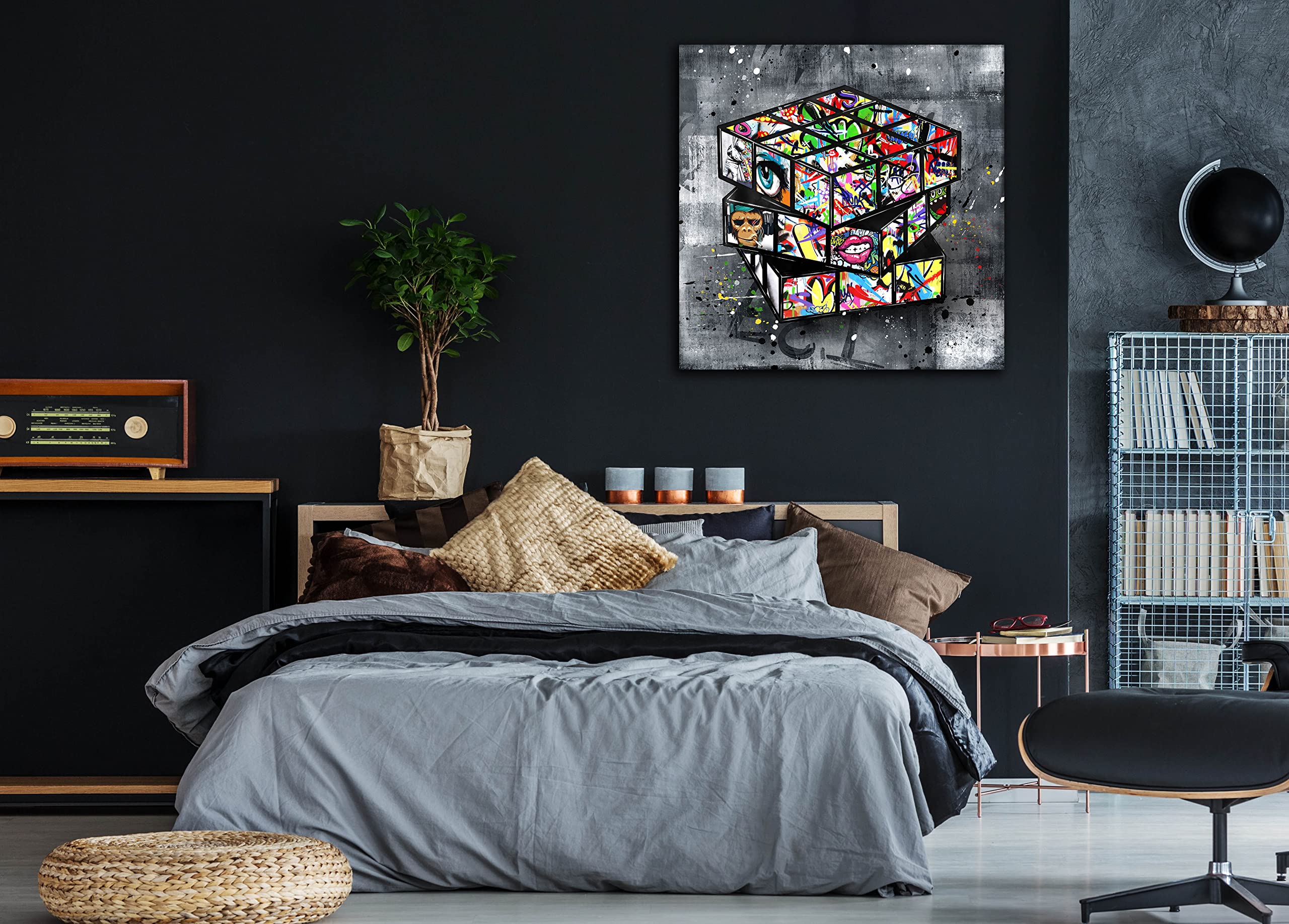 Banksy Wall Art Canvas - Large 36x36 Inch Street Graffiti Painting for Living Room Decor - Ready to Hang Wall Art for Home, Office & Gift (Urban Style Home Decor)