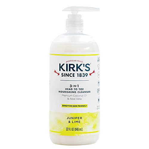 Kirk’s 3-in-1 Castile Liquid Soap - Coconut Oil & Aloe Vera Shampoo, Face Wash & Body Wash for Men, Women & Kids | Natural Juniper Lime Scent | 32oz Pump Bottle | Gentle Cleansing for Shower, Bath & Travel